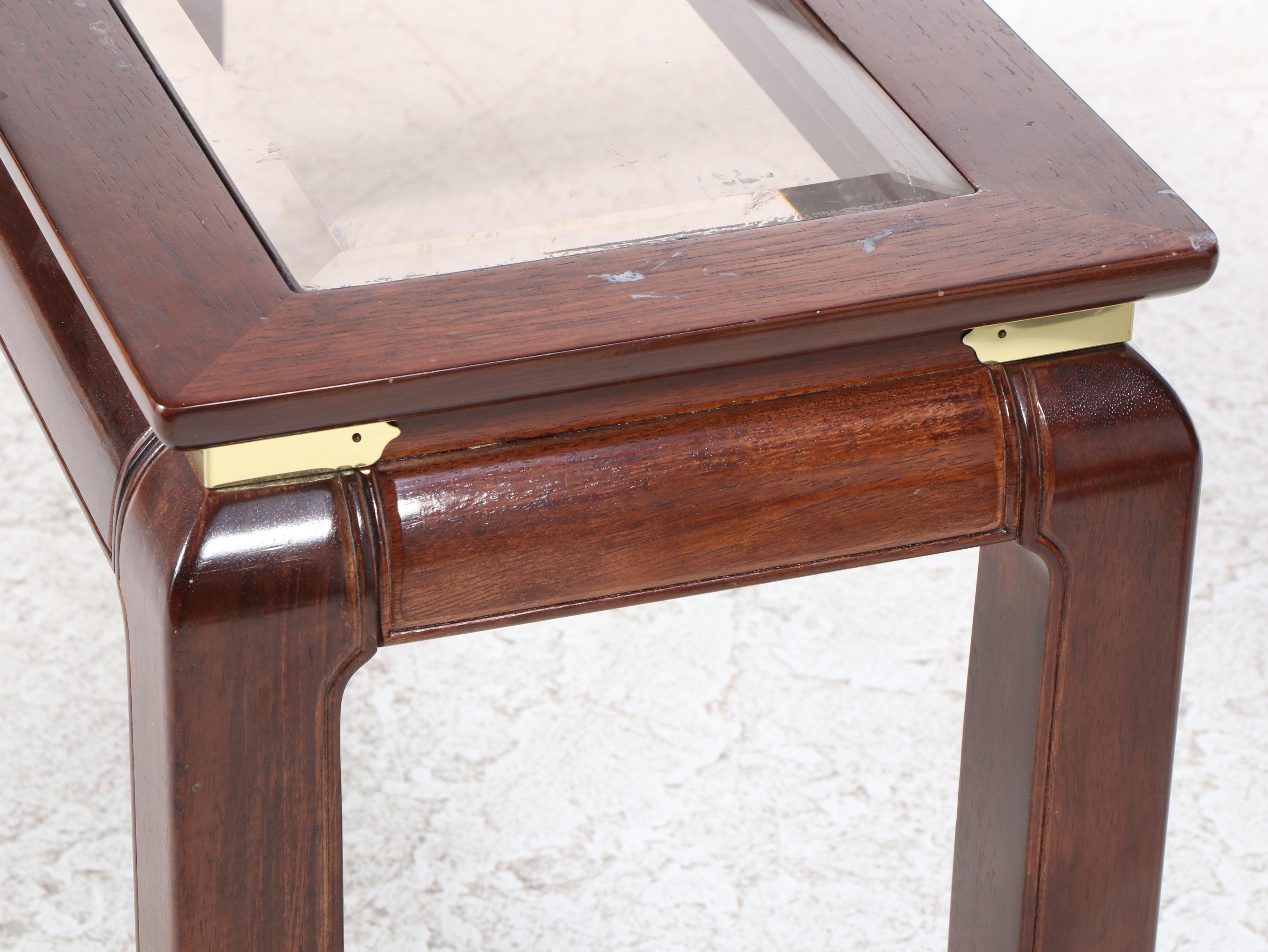 Bernhardt Hardwood and Glass Top Chinoiserie Console Table and Two Stools