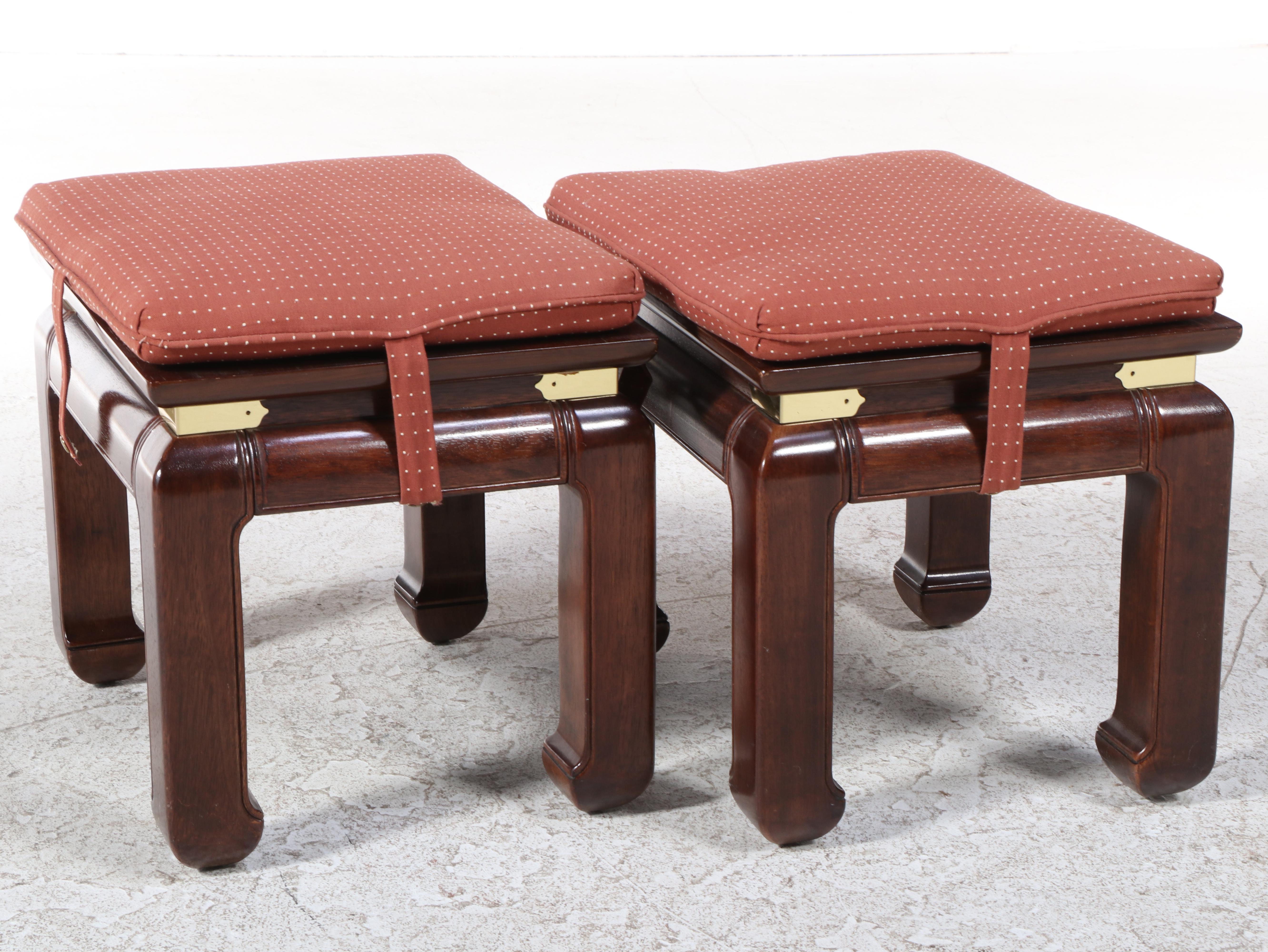 Bernhardt Hardwood and Glass Top Chinoiserie Console Table and Two Stools