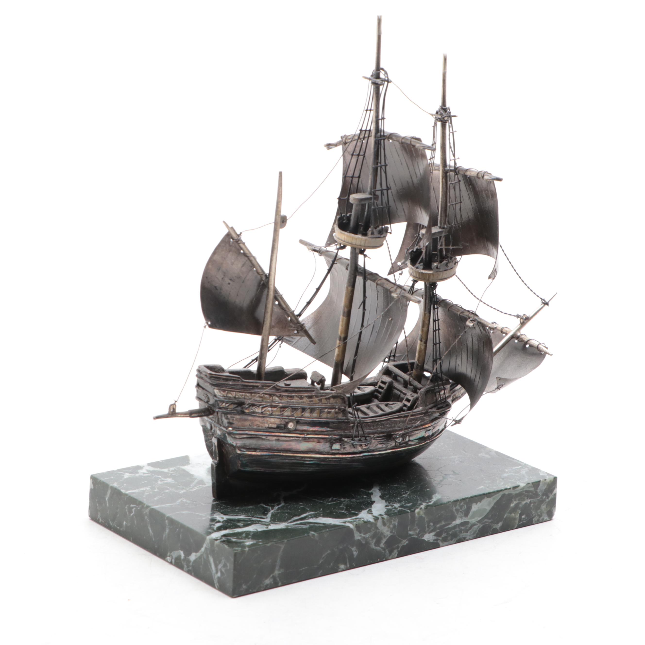 Sterling Silver Ship on Serpentine and Calcite Base