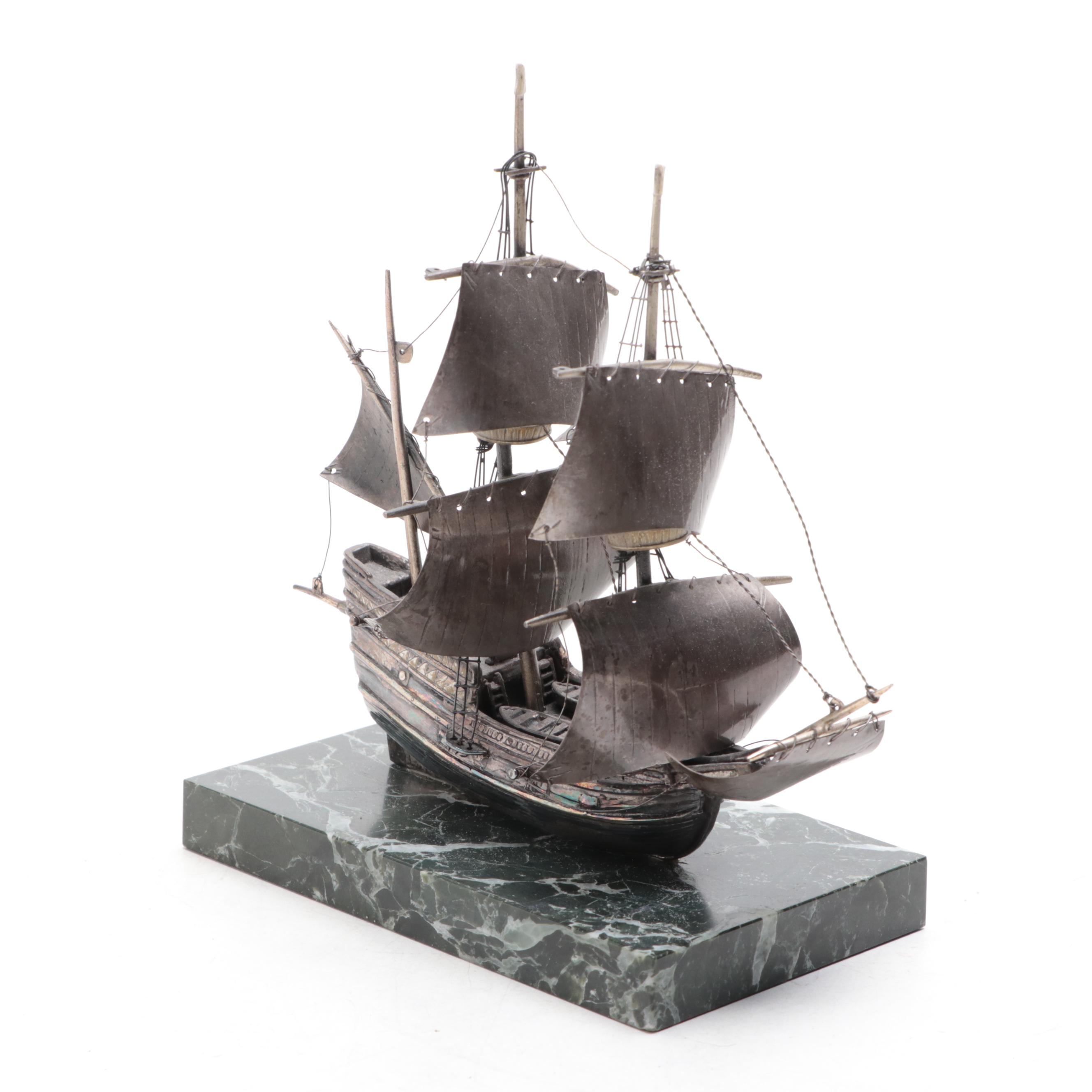 Sterling Silver Ship on Serpentine and Calcite Base