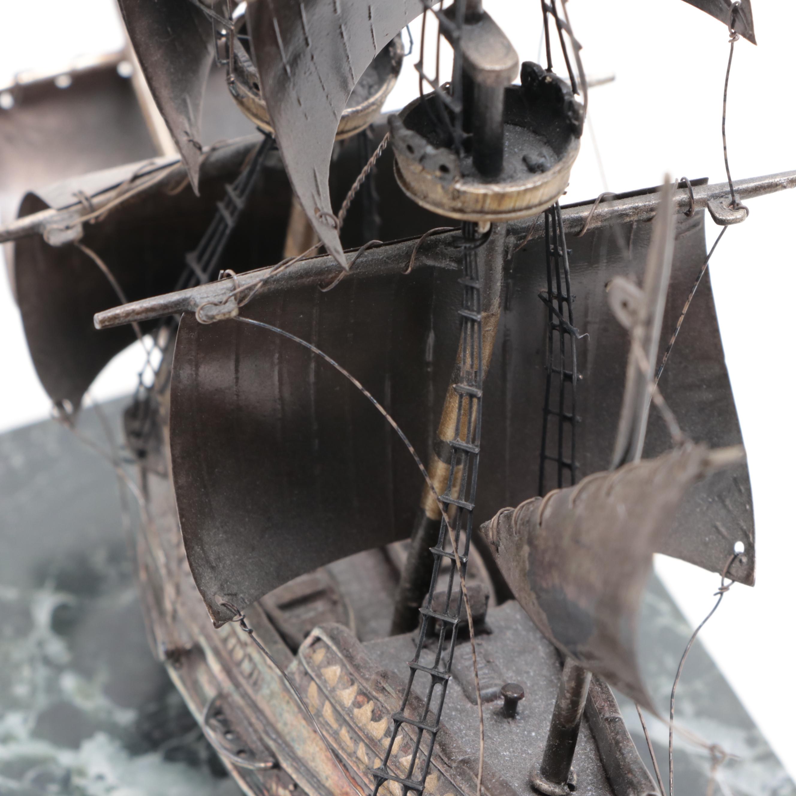 Sterling Silver Ship on Serpentine and Calcite Base