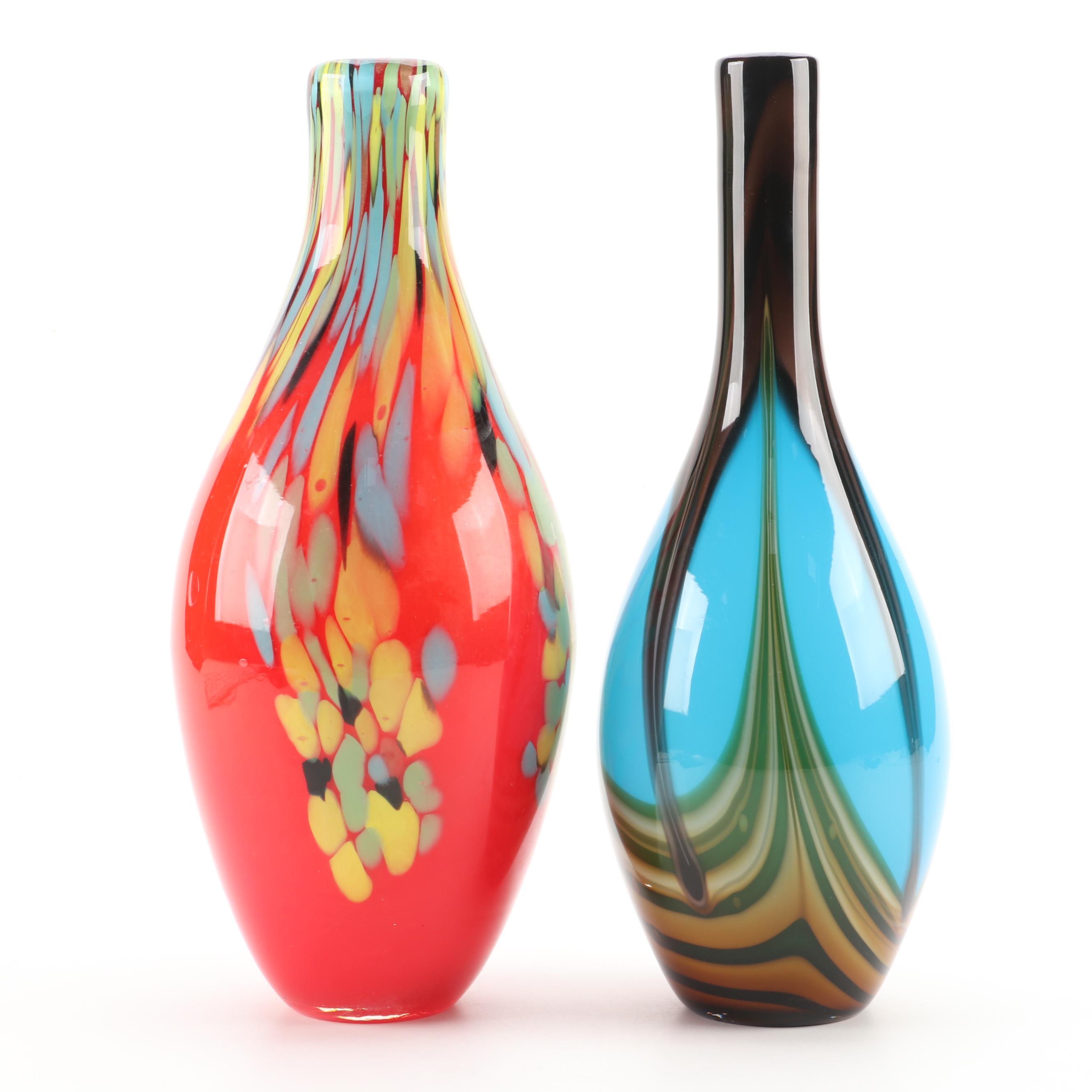 Murano Style Aventurine, Feathered and Confetti Art Glass Vases