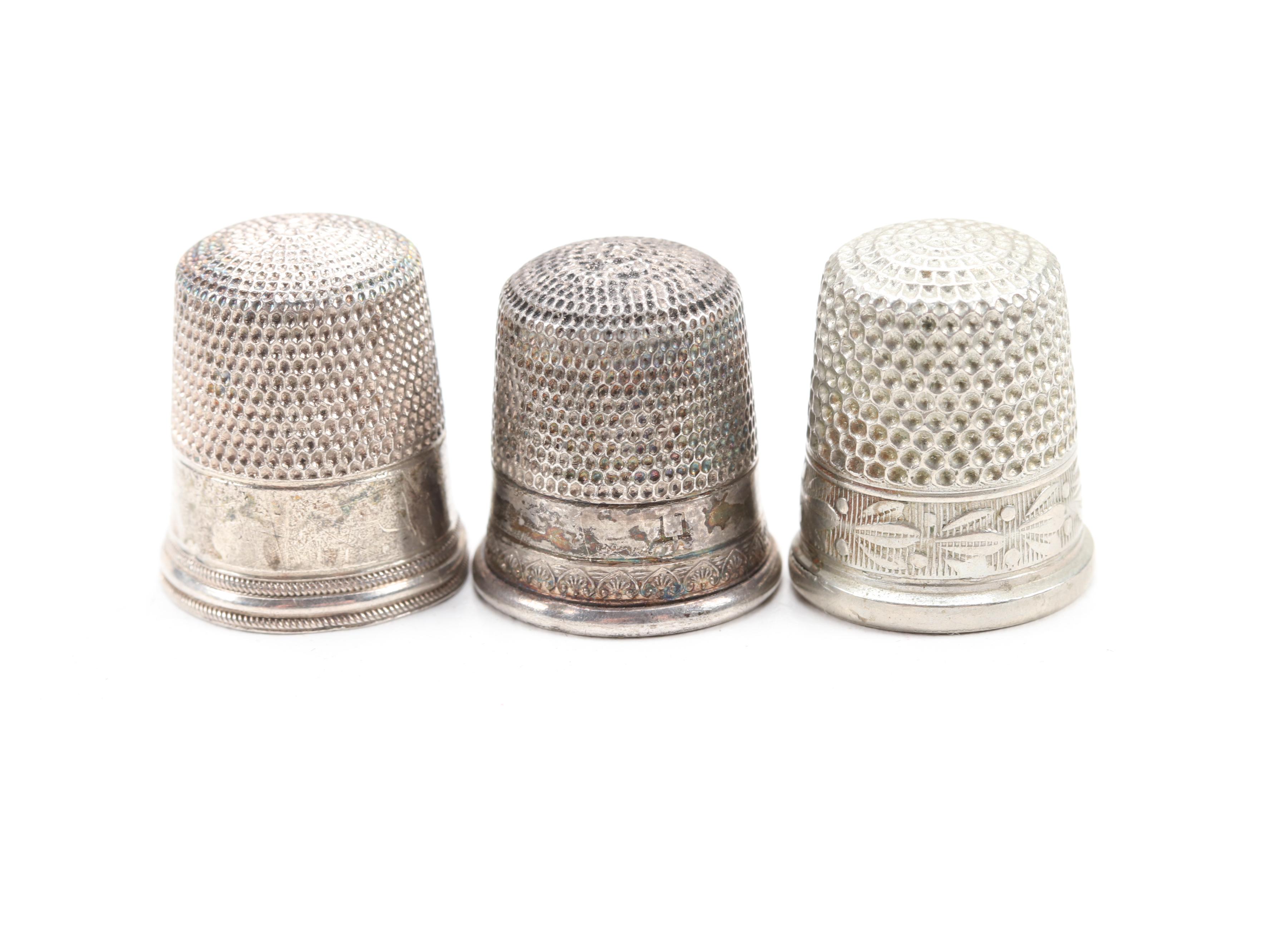 Simons Brothers Sterling Silver Thimbles with Other Sewing Supplies