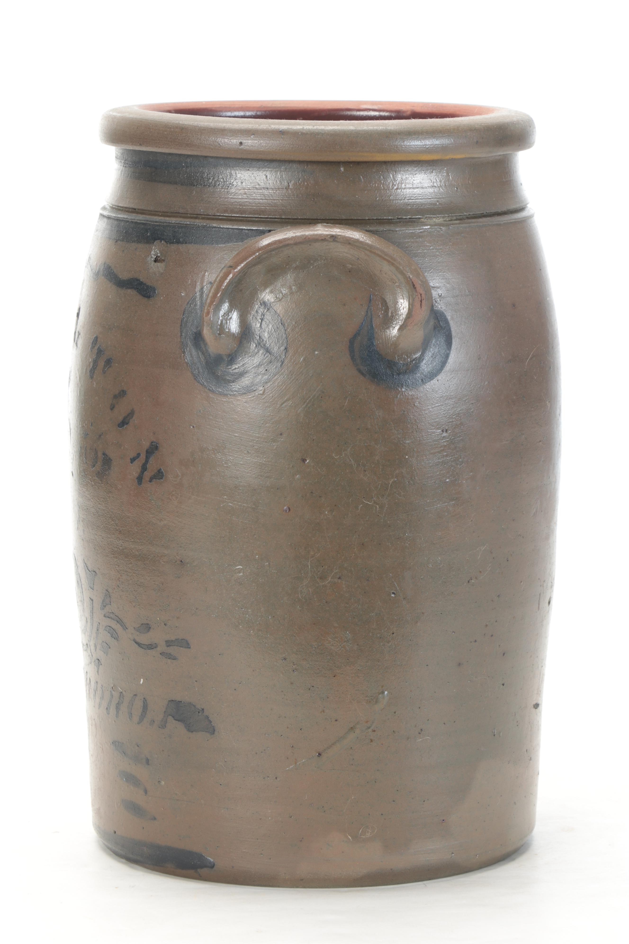 Hamilton & Jones Stoneware Crock with Cobalt Freehand and Stenciled Designs