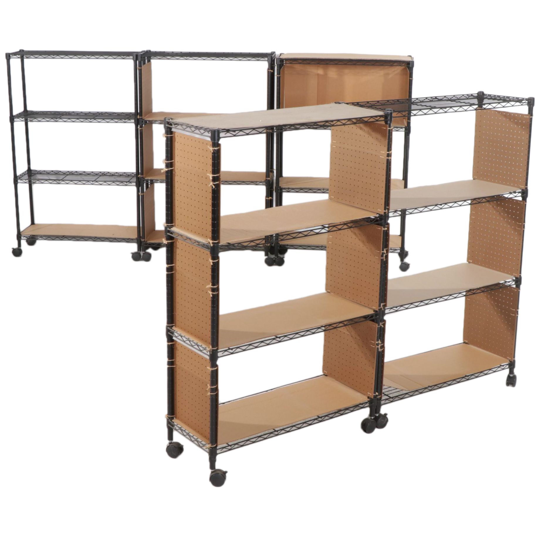 Group of Five Contemporary Four-Tiered Wire Rolling Shelving Racks