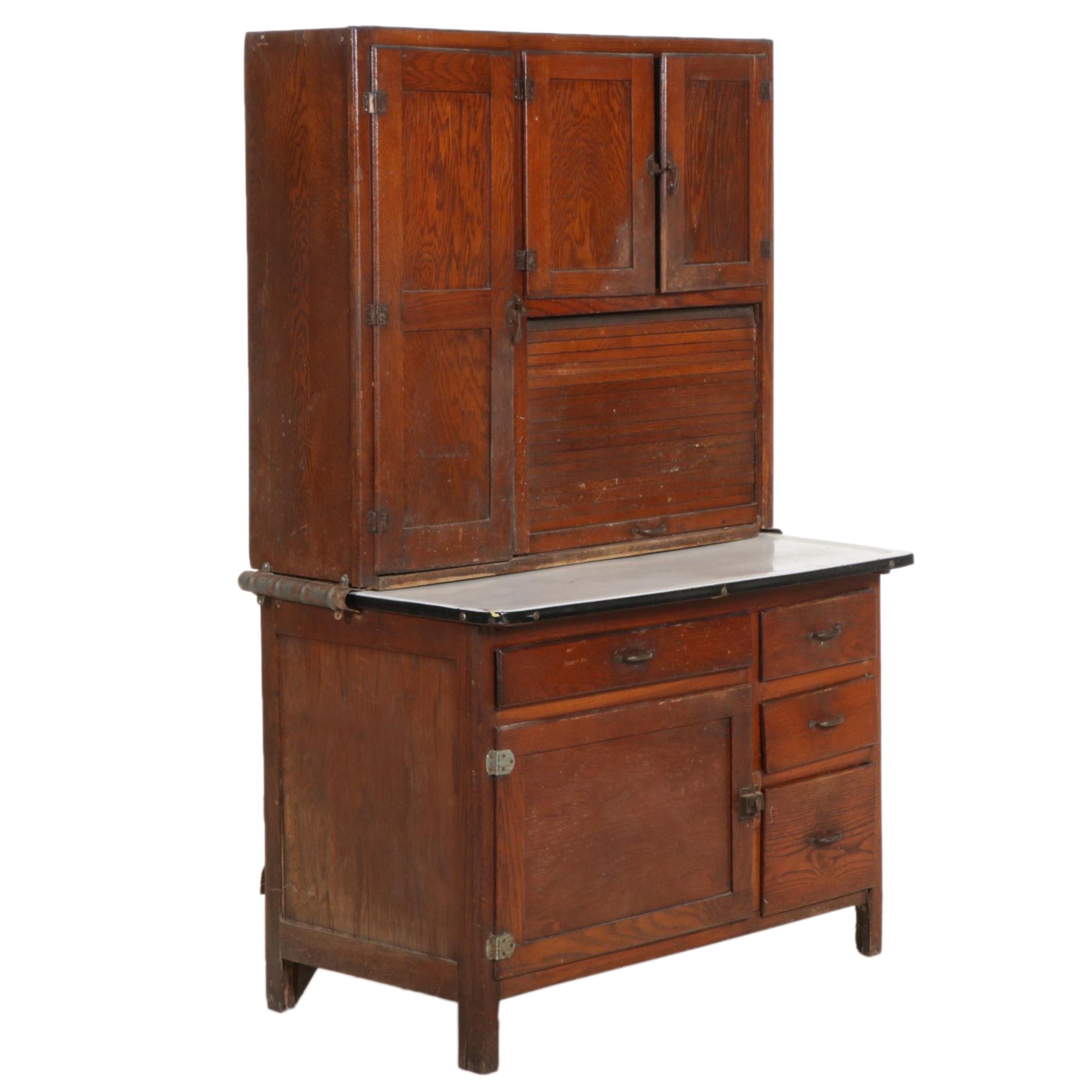 Arts & Crafts Oak and Enameled Metal Hoosier Style Kitchen Work Cabinet
