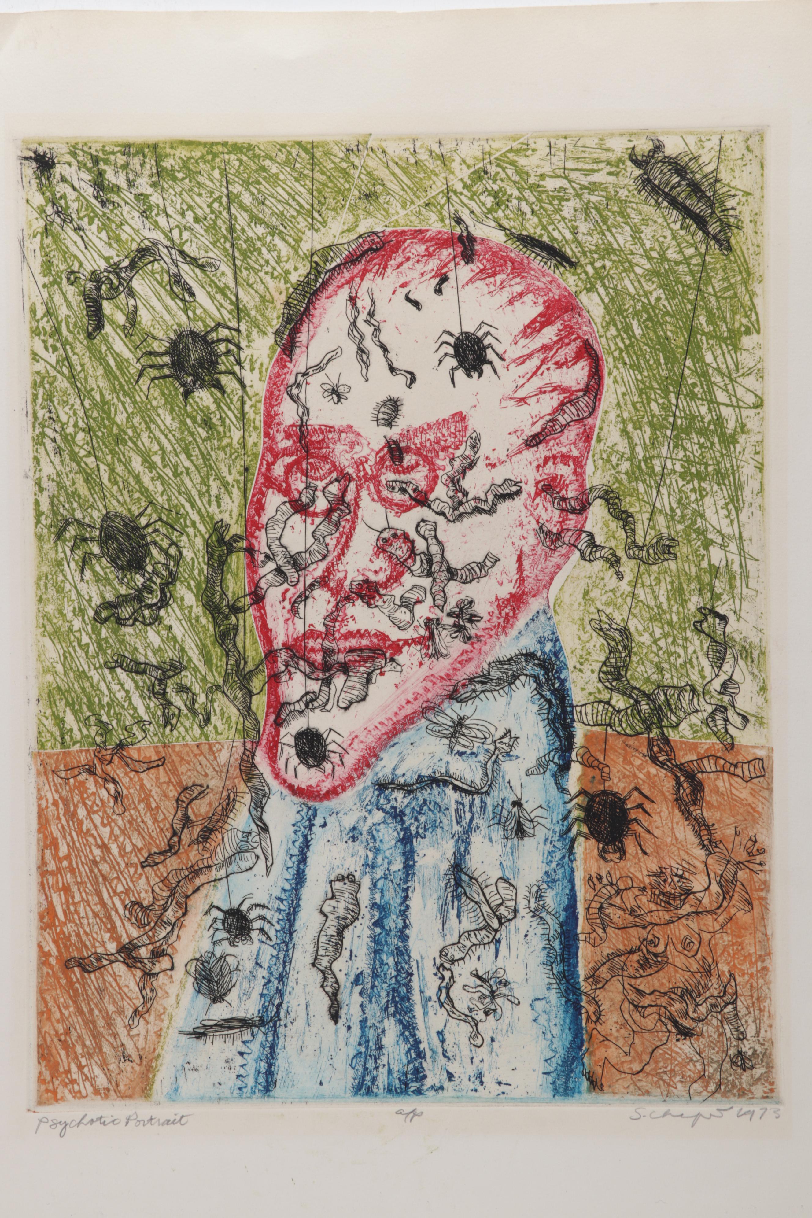 Sidney Chafetz Color Etching "Psychotic Portrait," 1973