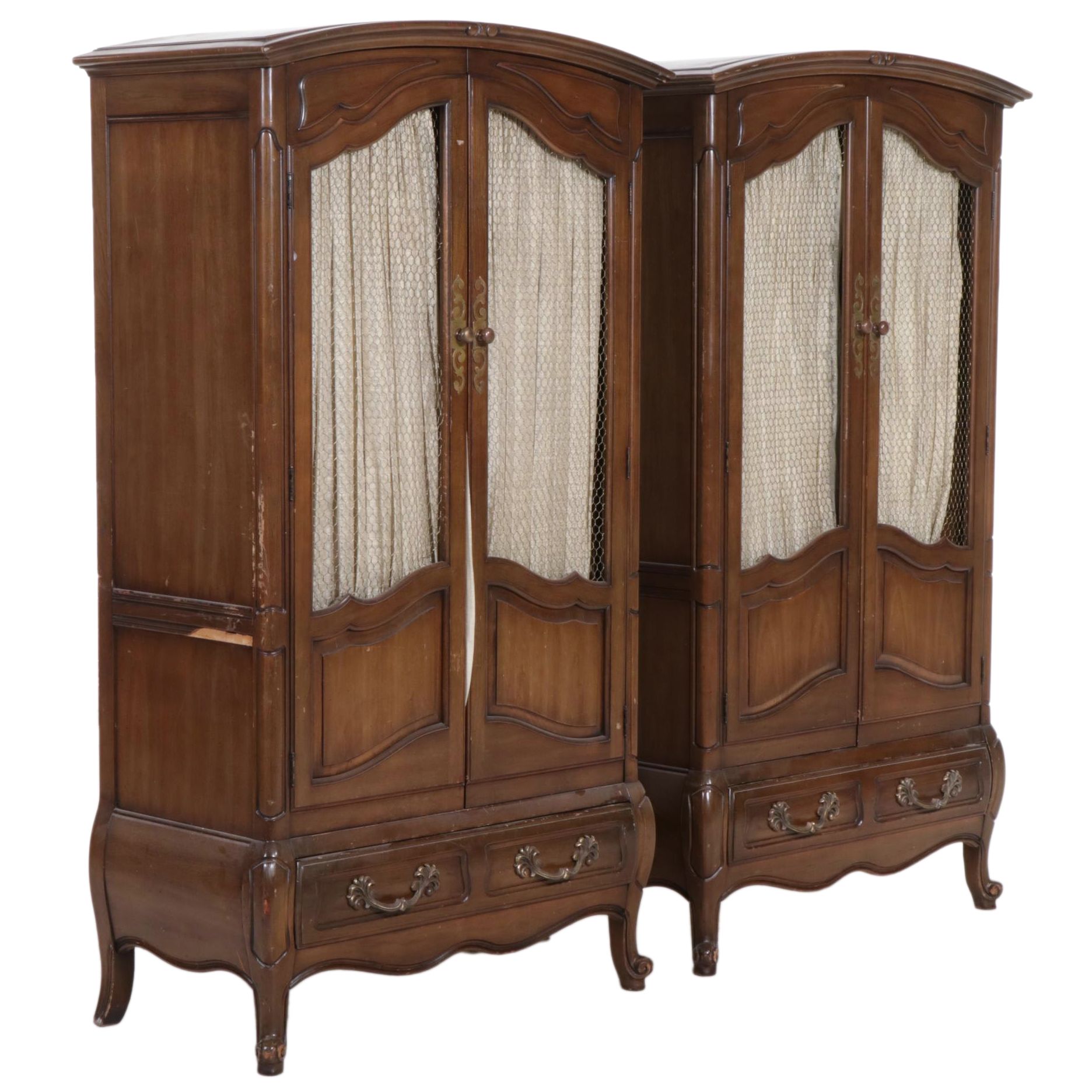 Pair of Fancher Louis XV Style Fruitwood-Stained Clothing Armoires, 1970s