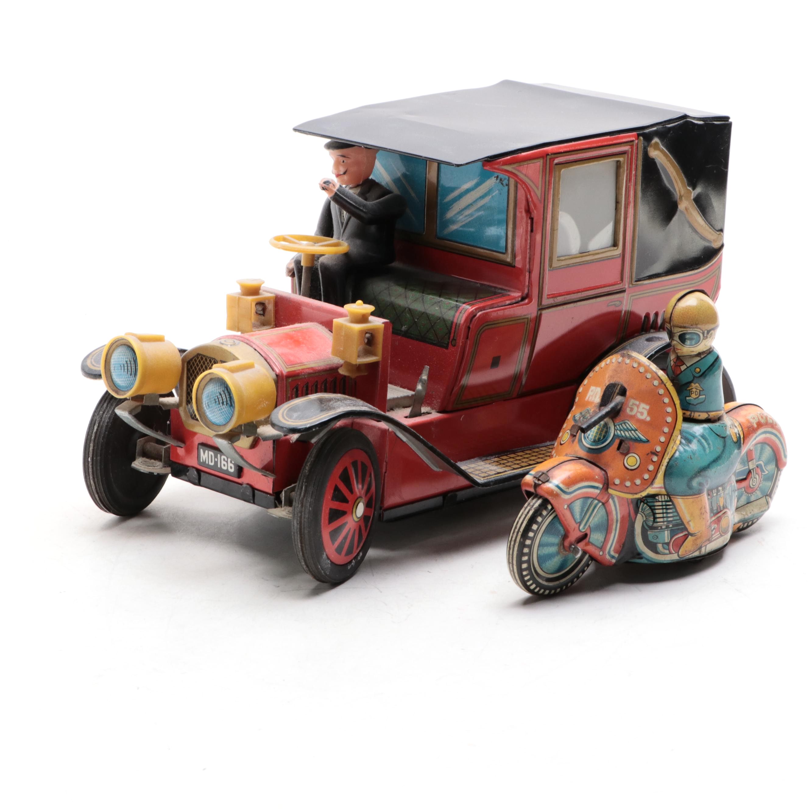 Alps Shoji and Hadson Tin Lithograph Toy Car and Motorcycle, Mid-20th Century