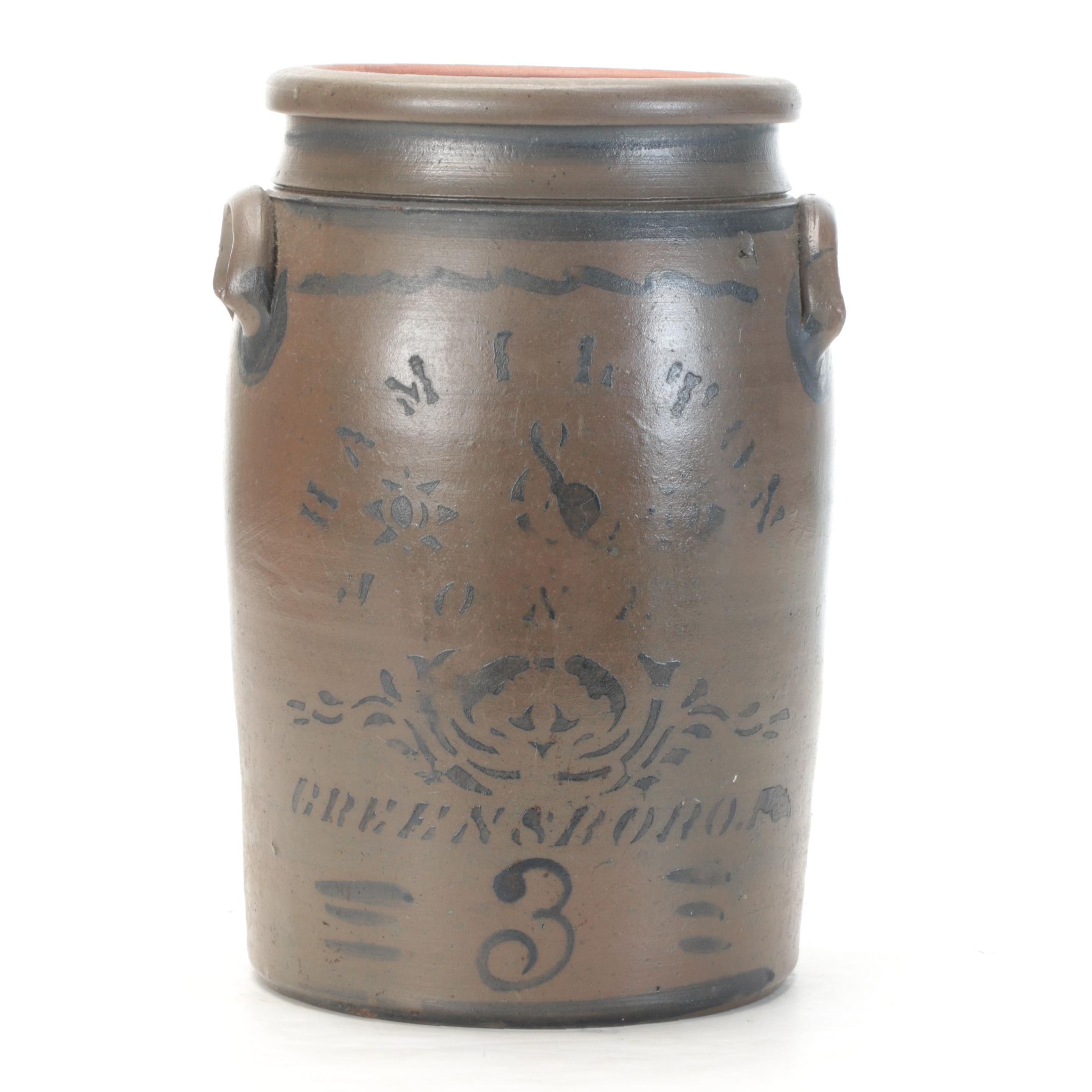 Hamilton & Jones Stoneware Crock with Cobalt Freehand and Stenciled Designs