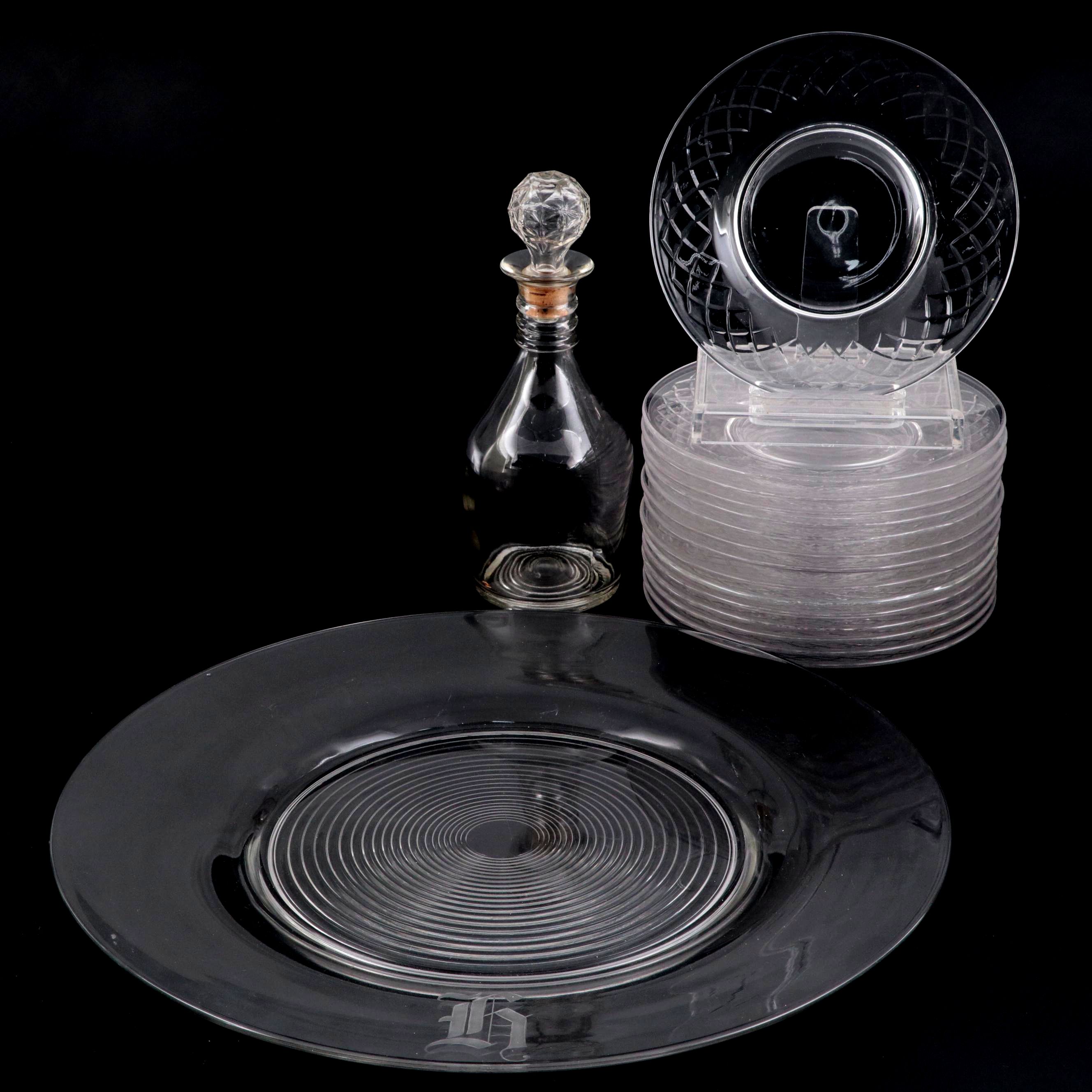 Cambridge Glass "Tally Ho" Platter with Glass Plates and Decanter