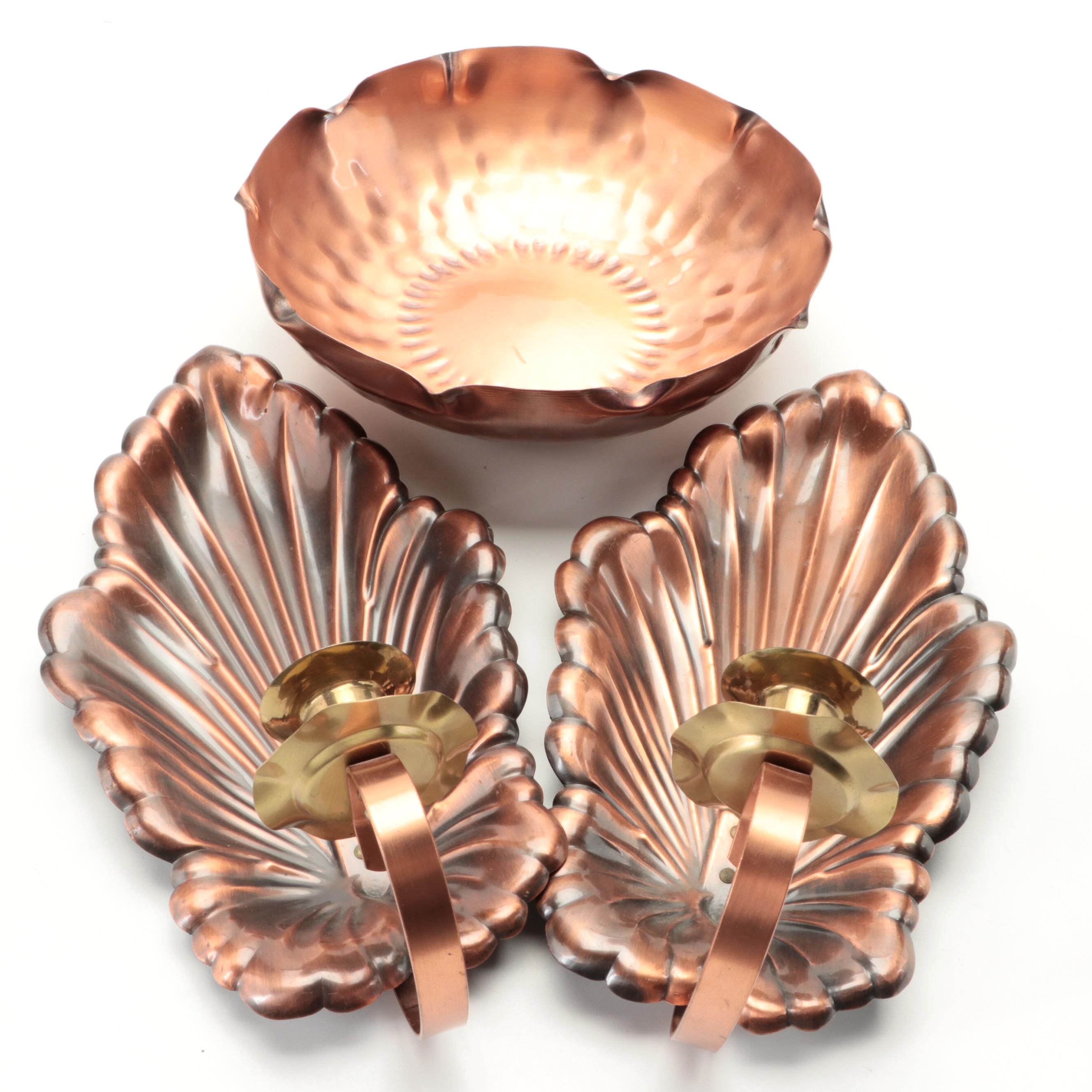 Coppercraft Guild Candle Sconces with Gregorian Copper Bowl