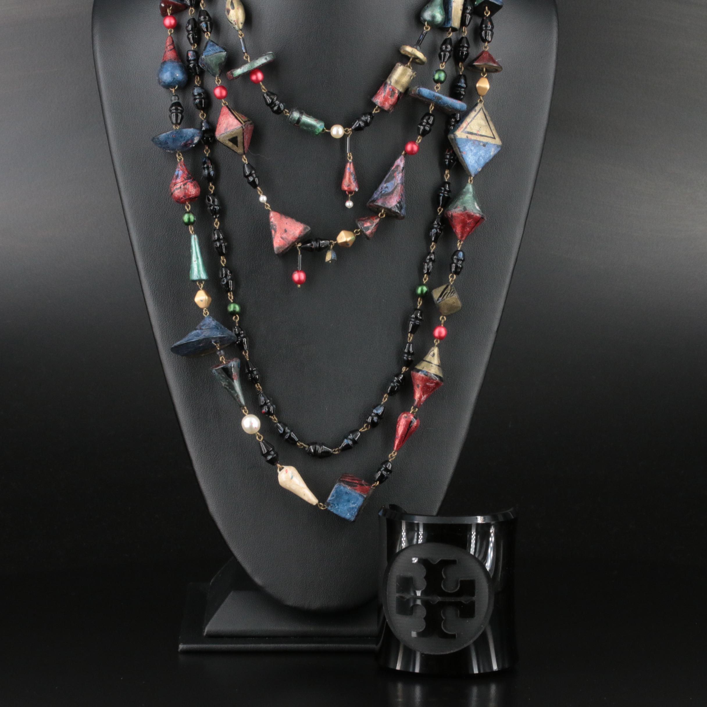 Tory Burch Black Milter Logo Cuff and Multi-Layer Beaded Necklace