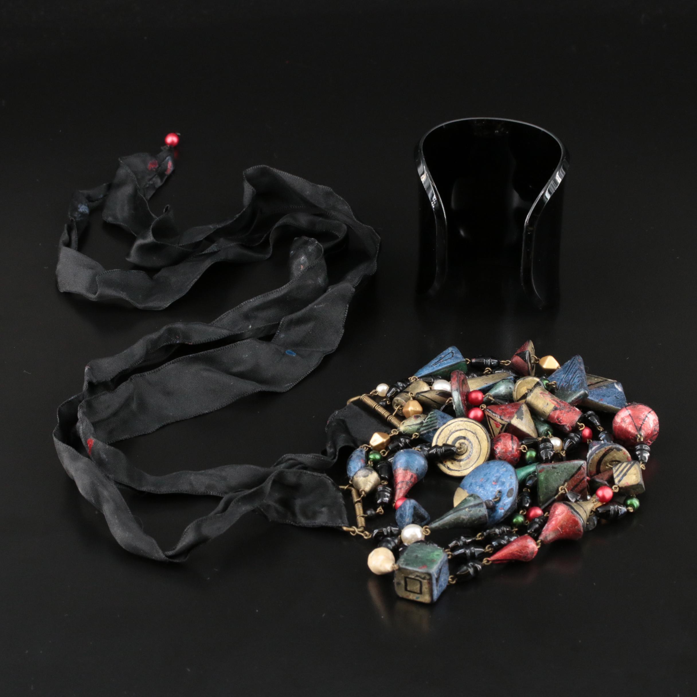 Tory Burch Black Milter Logo Cuff and Multi-Layer Beaded Necklace