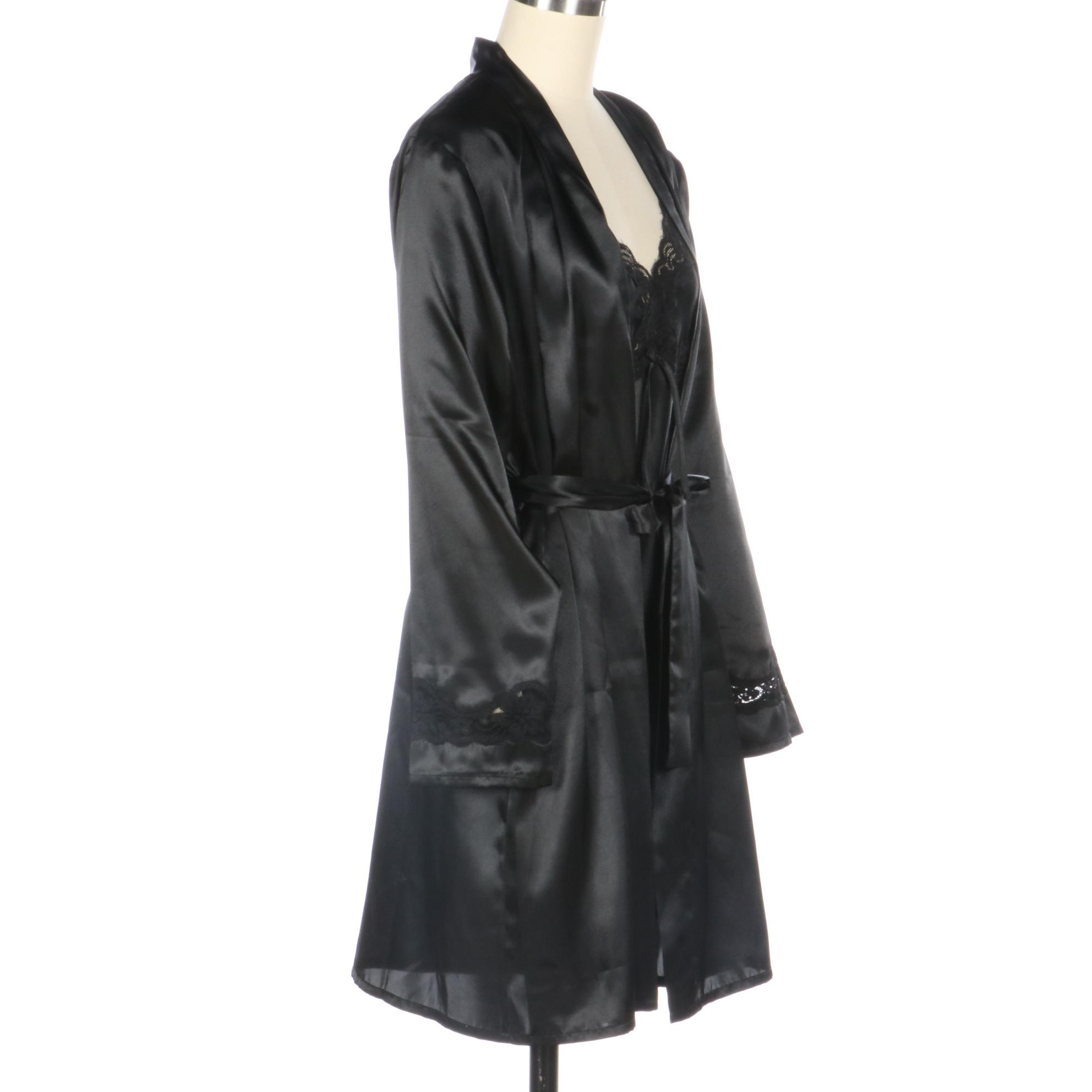 Susan Lucci Black Lace Trimmed Satin Nightgown and Robe