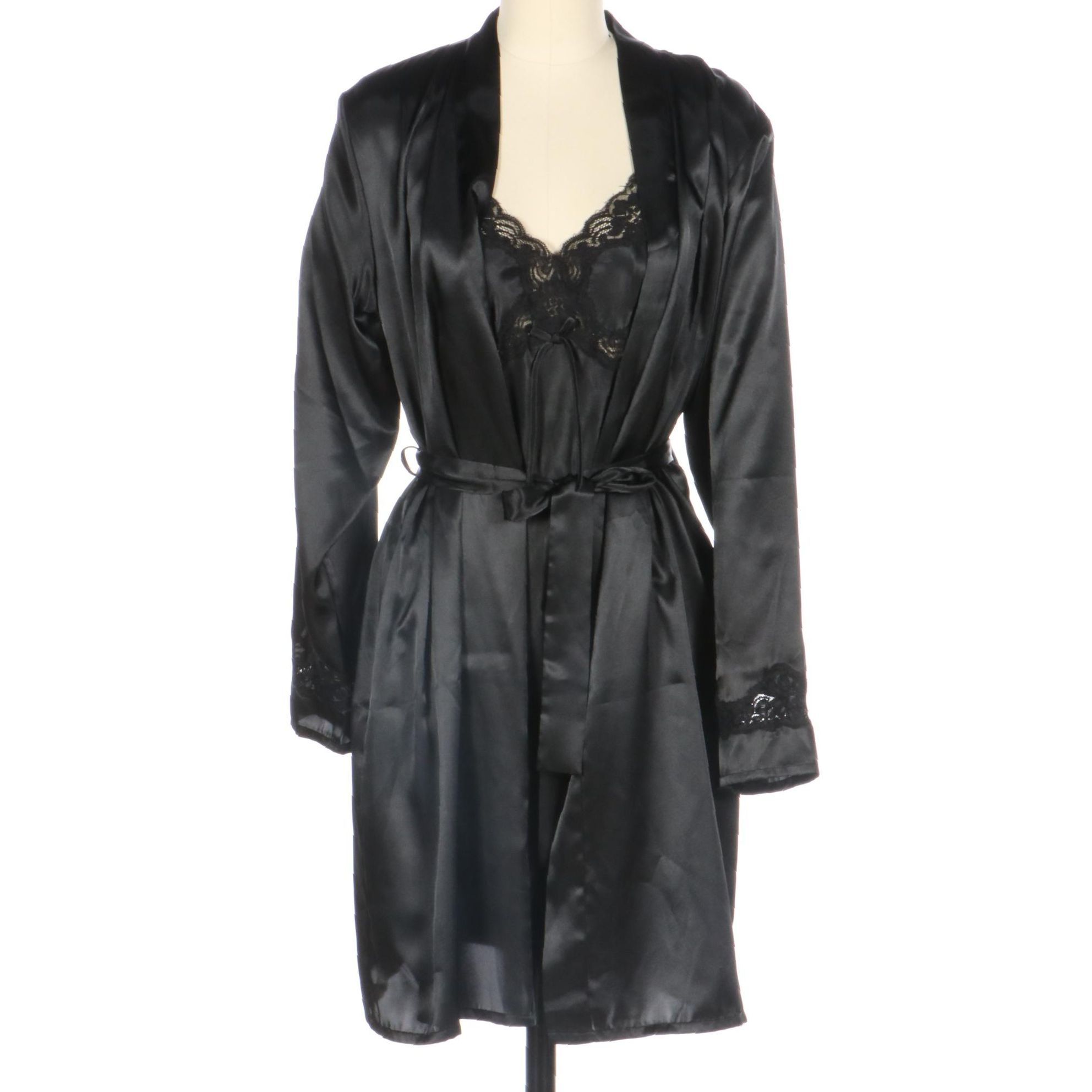 Susan Lucci Black Lace Trimmed Satin Nightgown and Robe