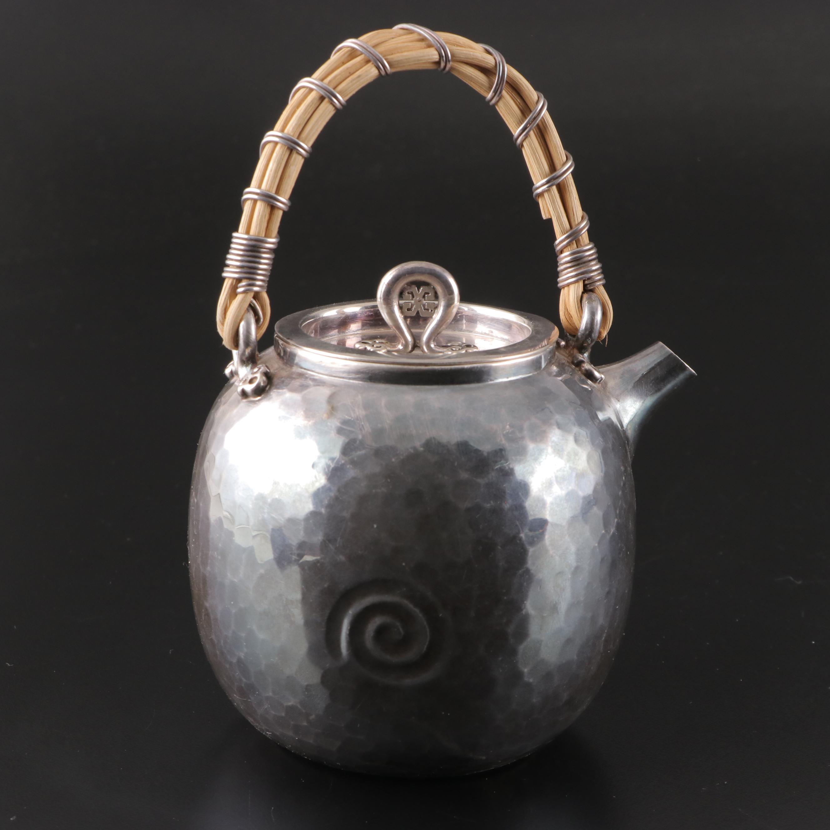 Japanese Fine Silver Teapot with Wrapped Reed Handle