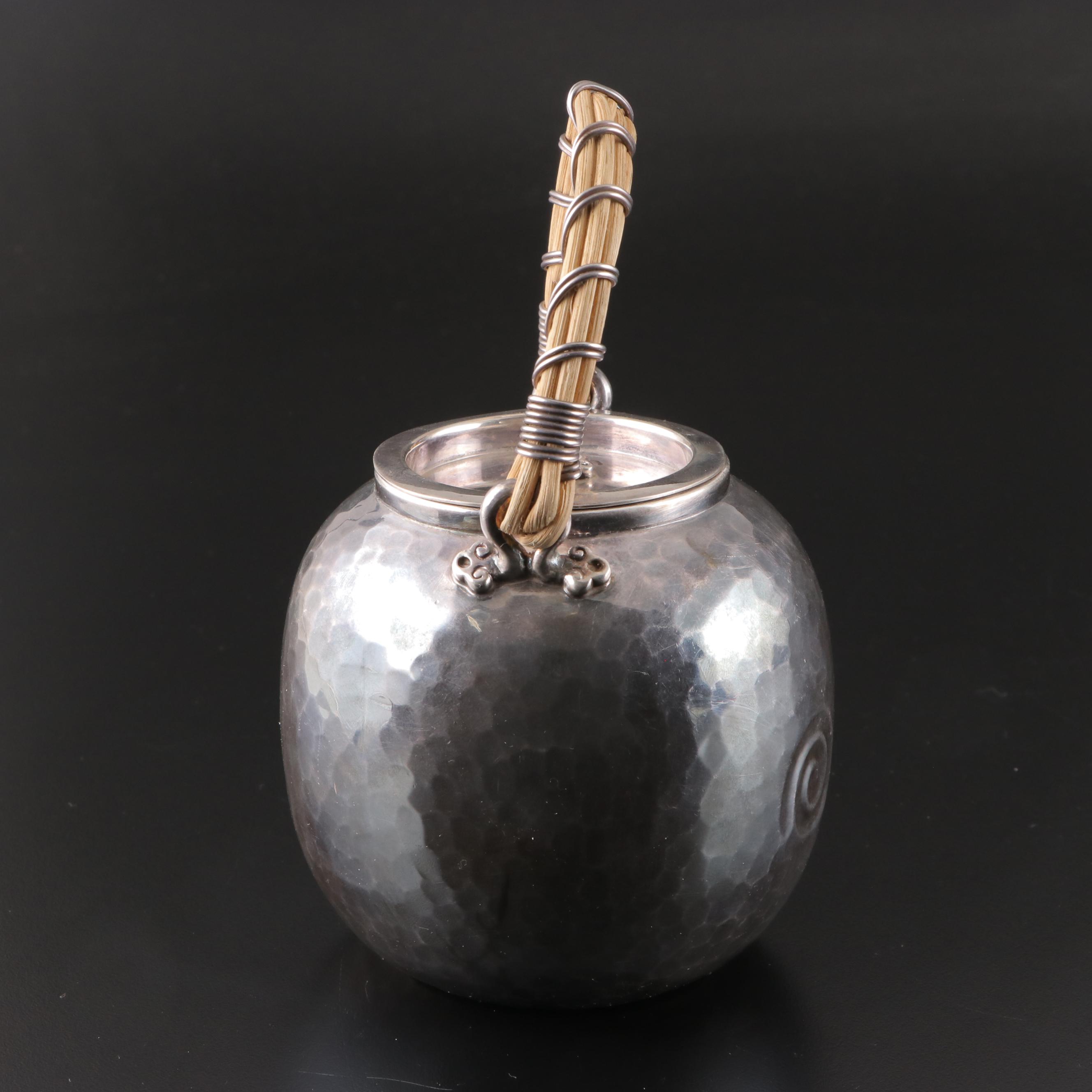 Japanese Fine Silver Teapot with Wrapped Reed Handle