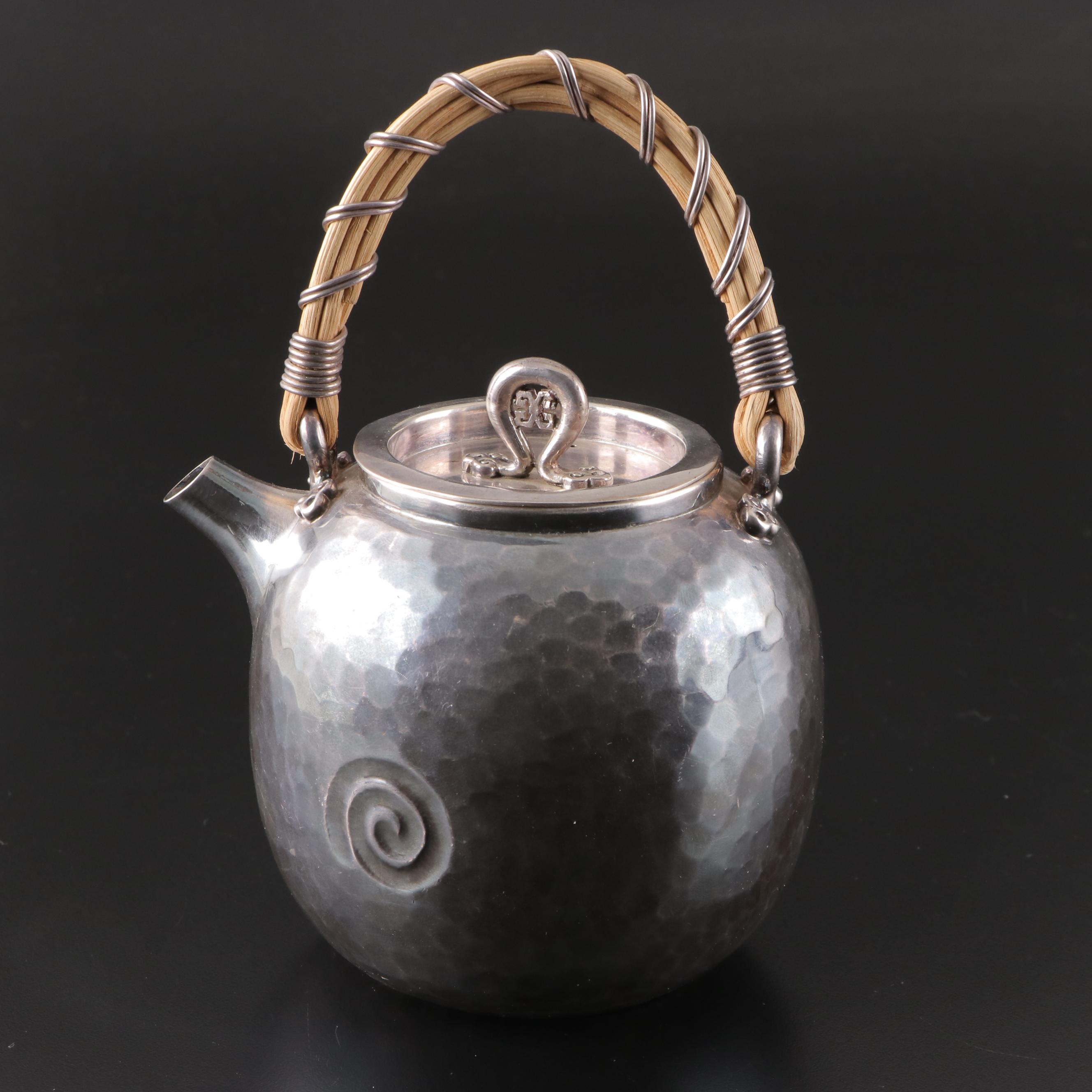 Japanese Fine Silver Teapot with Wrapped Reed Handle