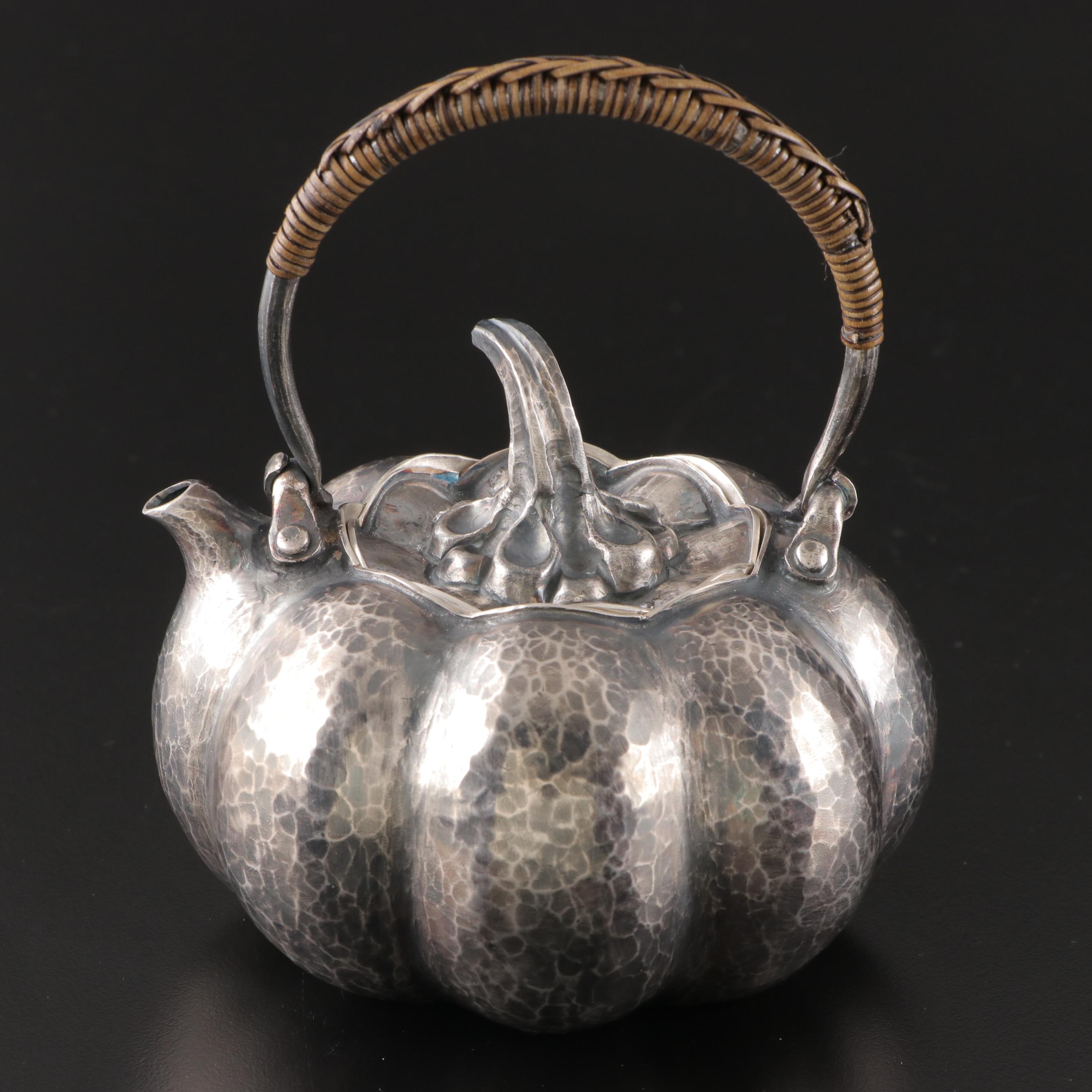 Japanese Hand-Hammered Fine Silver Gourd Form Teapot