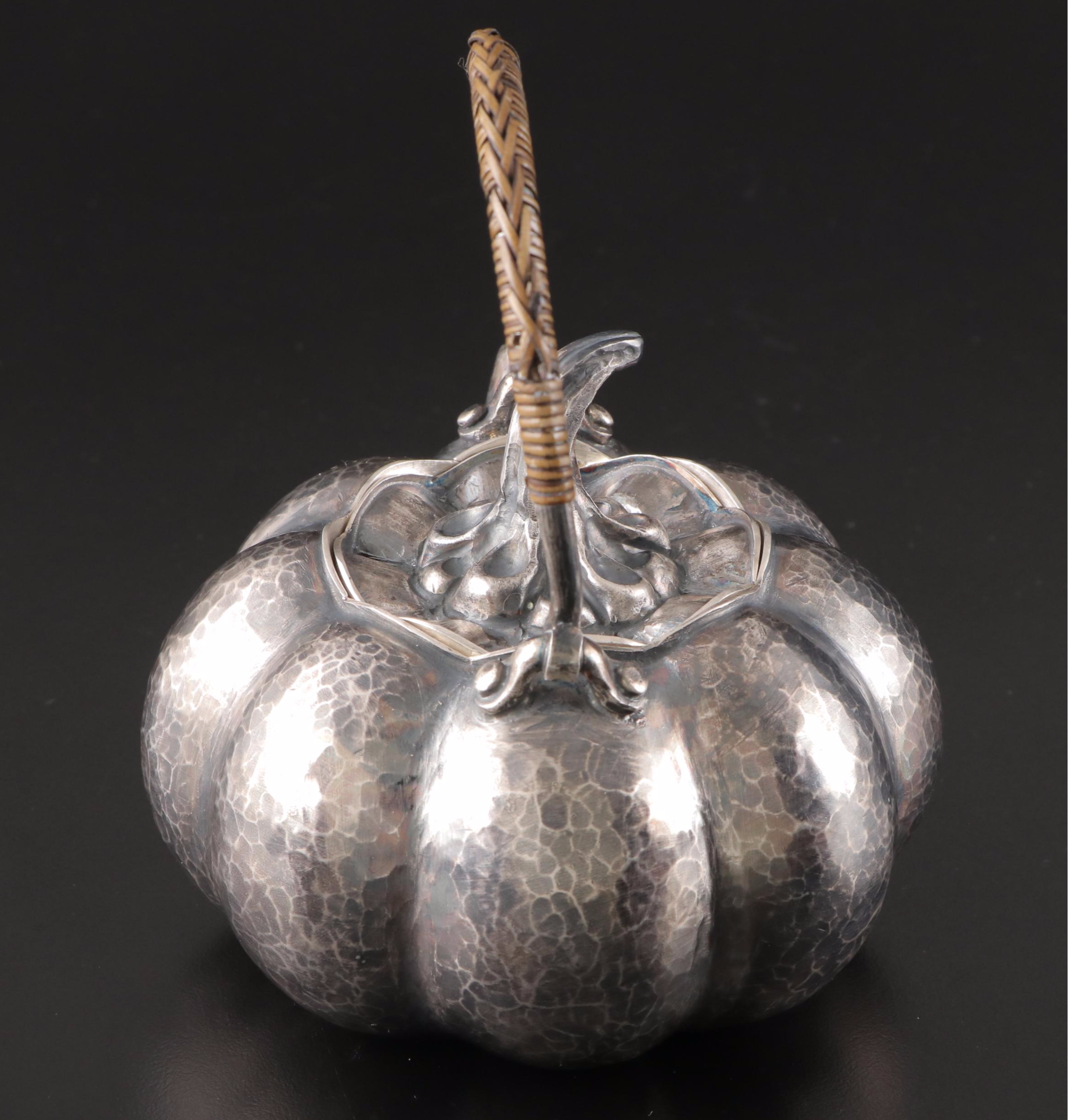 Japanese Hand-Hammered Fine Silver Gourd Form Teapot