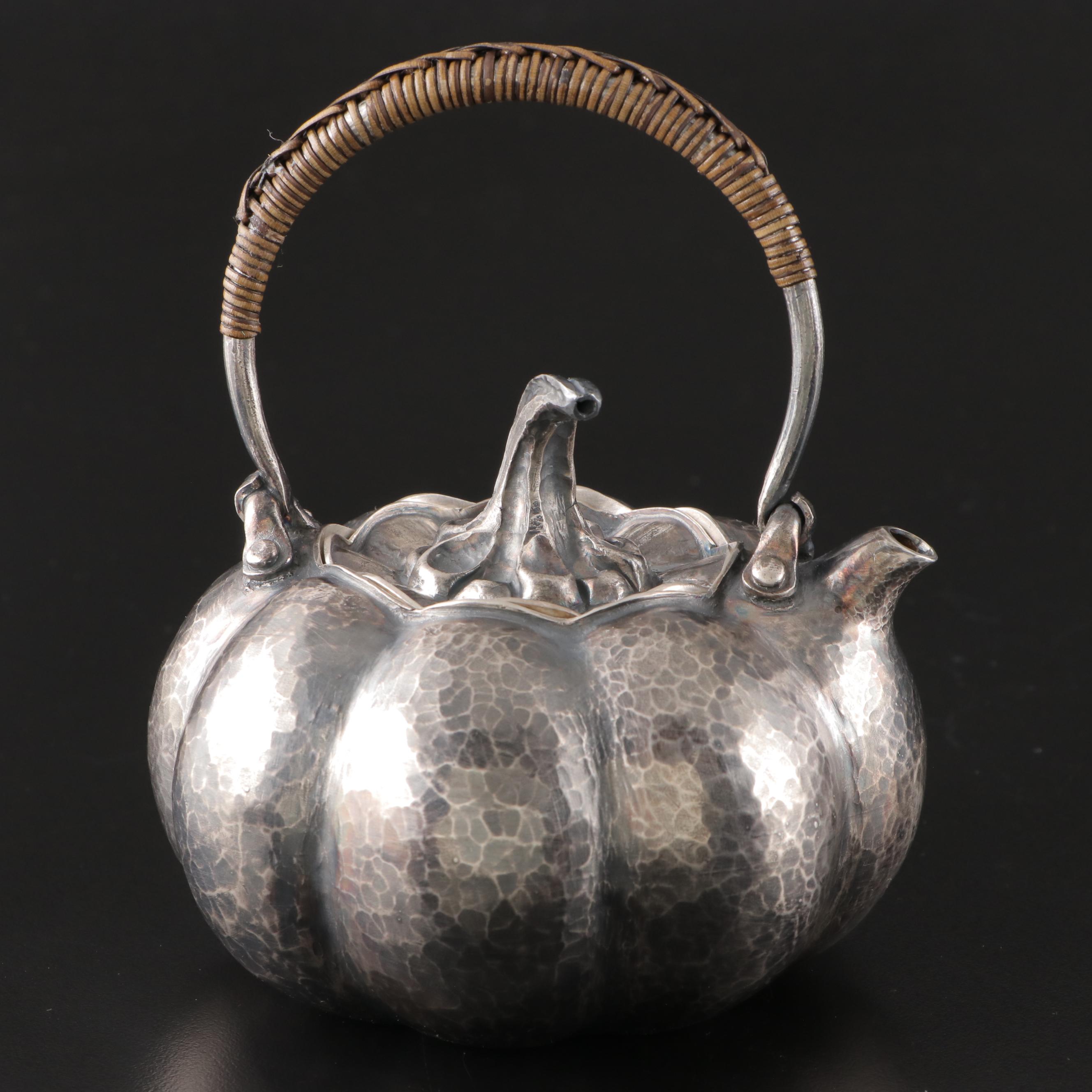 Japanese Hand-Hammered Fine Silver Gourd Form Teapot