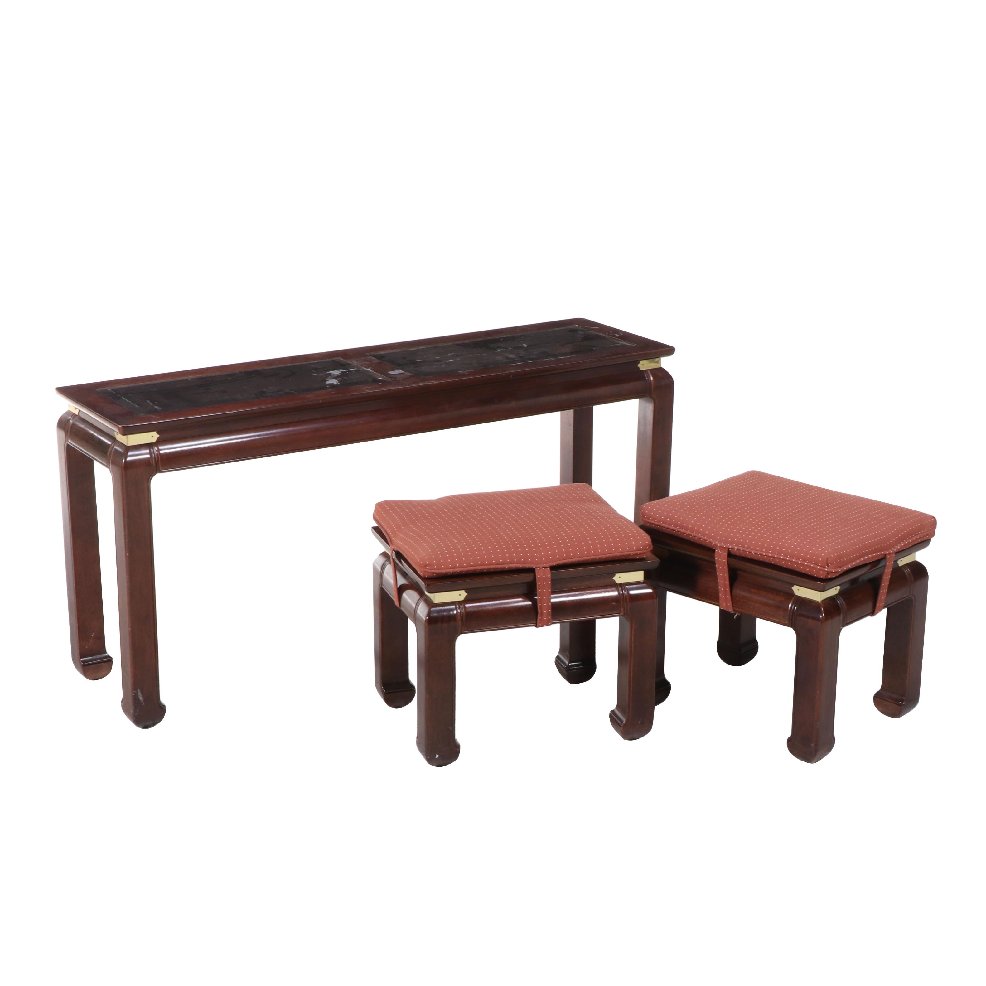 Bernhardt Hardwood and Glass Top Chinoiserie Console Table and Two Stools