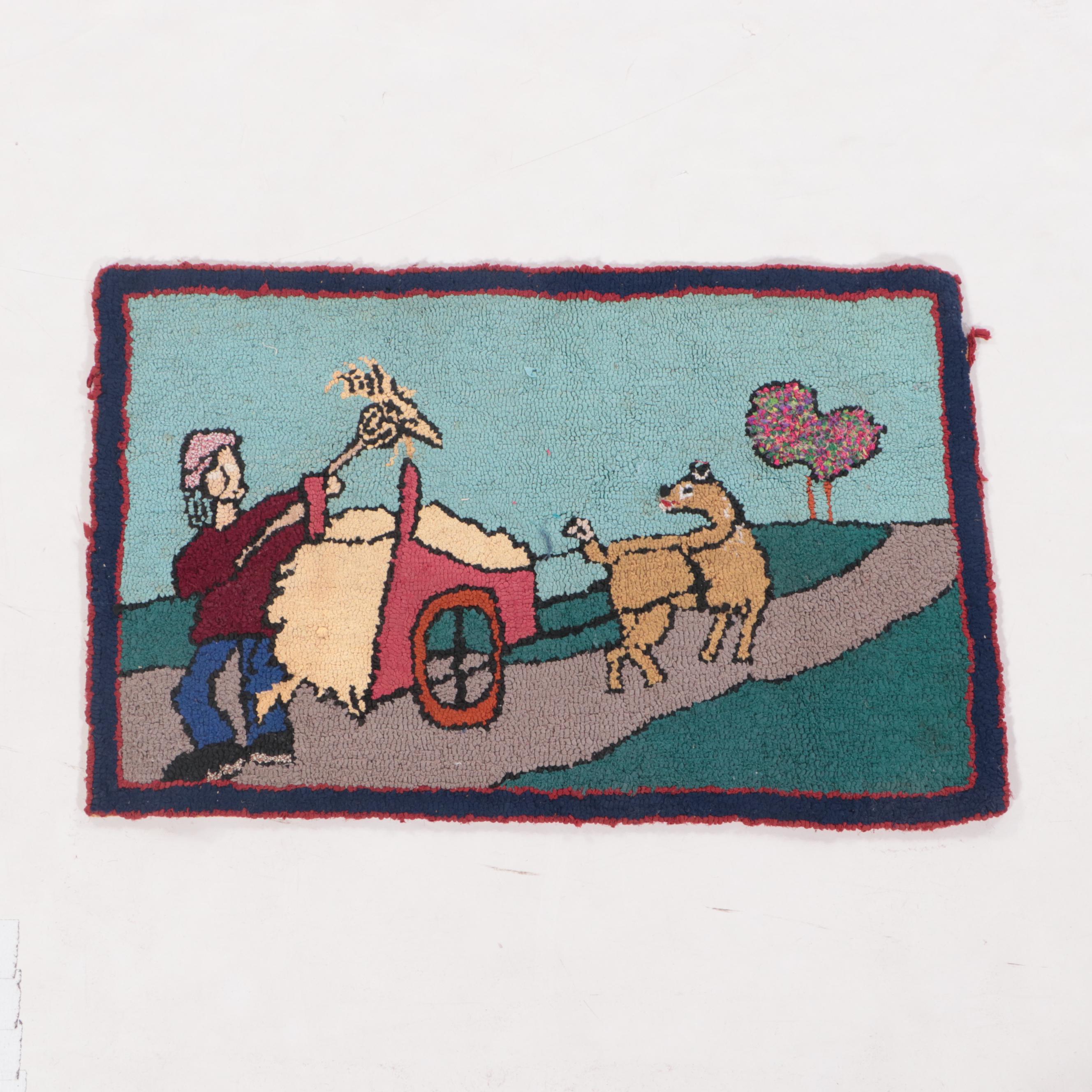 Two Hand-Hooked American Folk Art Style Pictorial Accent Rugs
