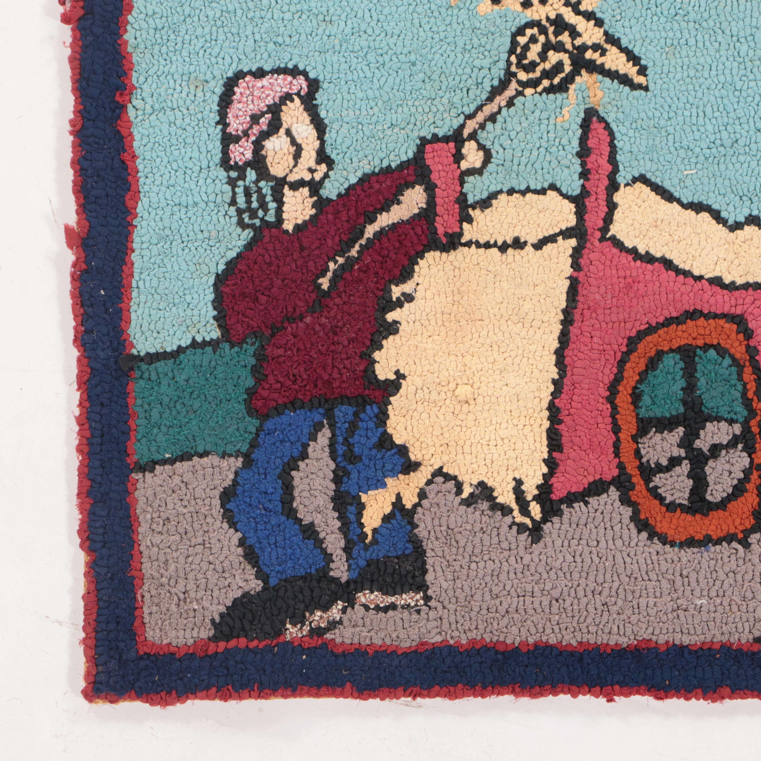 Two Hand-Hooked American Folk Art Style Pictorial Accent Rugs
