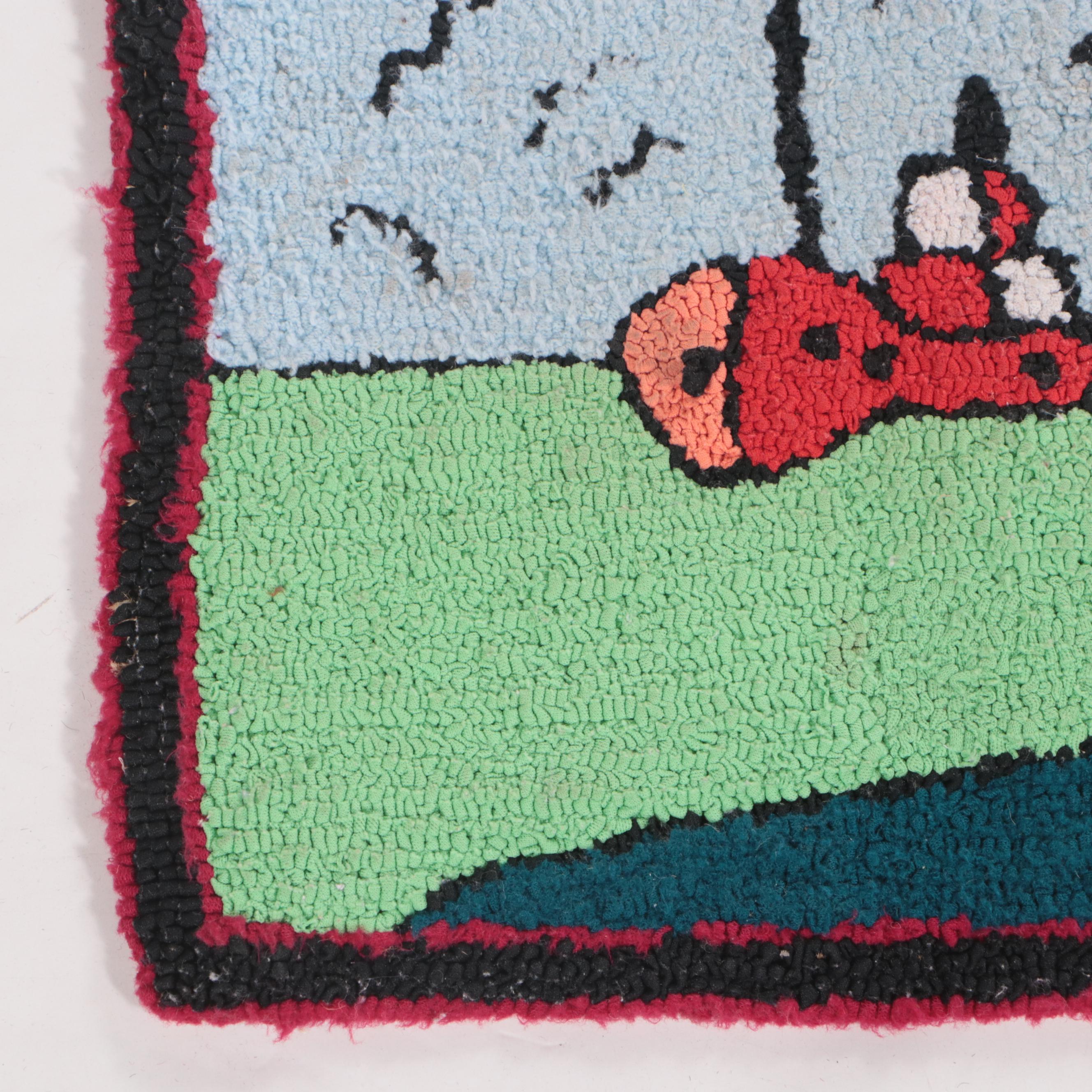 Two Hand-Hooked American Folk Art Style Pictorial Accent Rugs