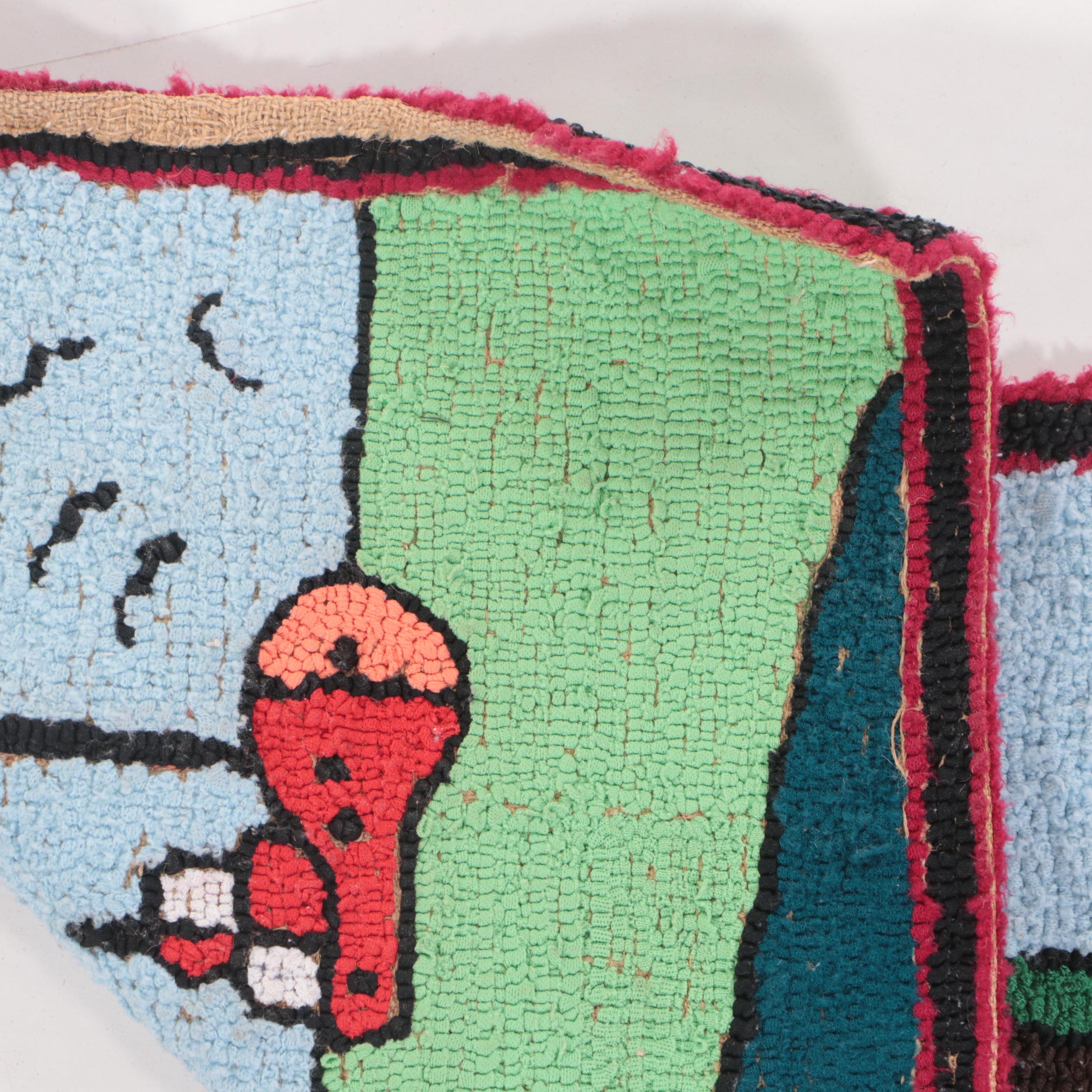 Two Hand-Hooked American Folk Art Style Pictorial Accent Rugs