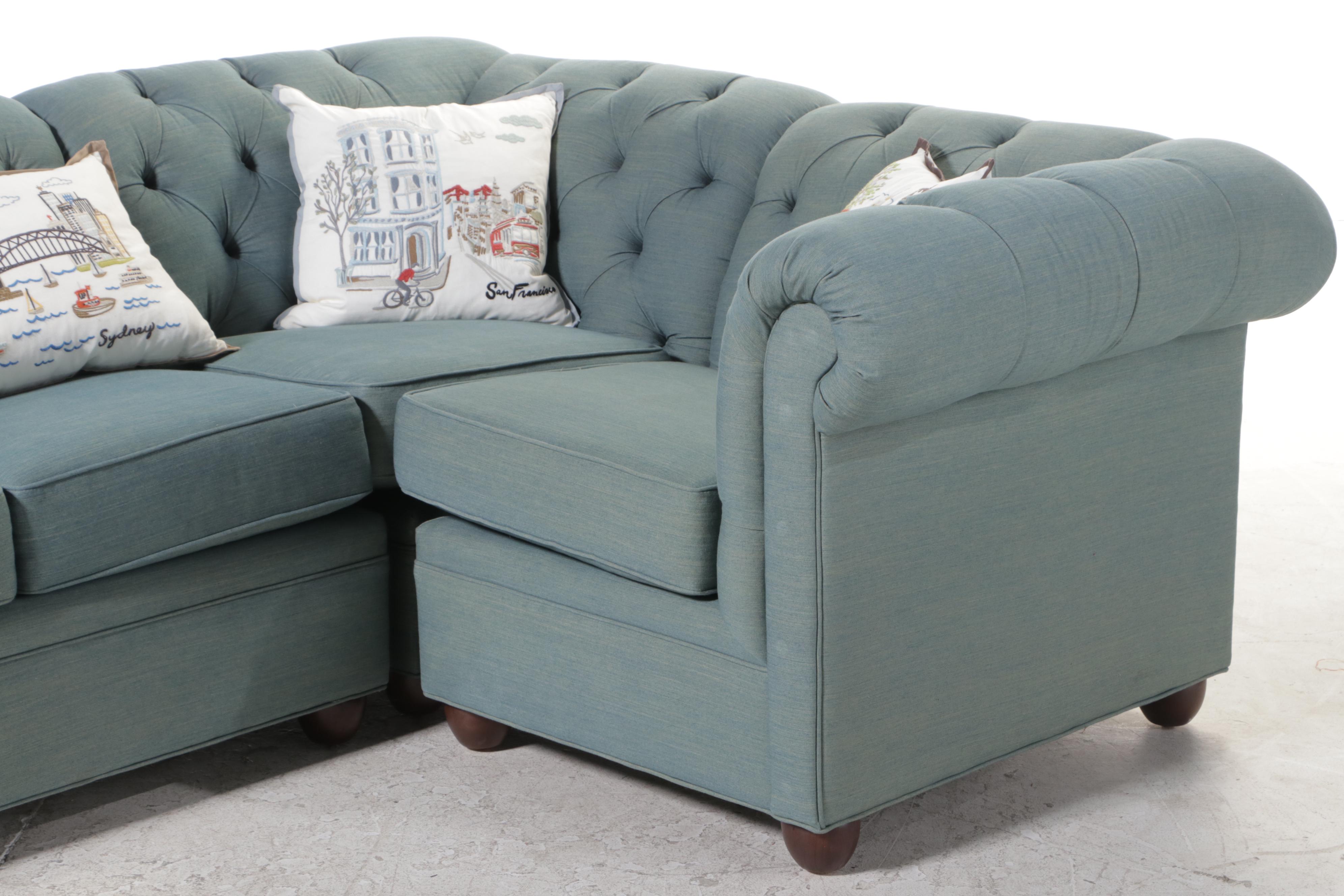 Three-Piece Pottery Barn Chesterfield Sectional Sofa in Washed Blue Denim