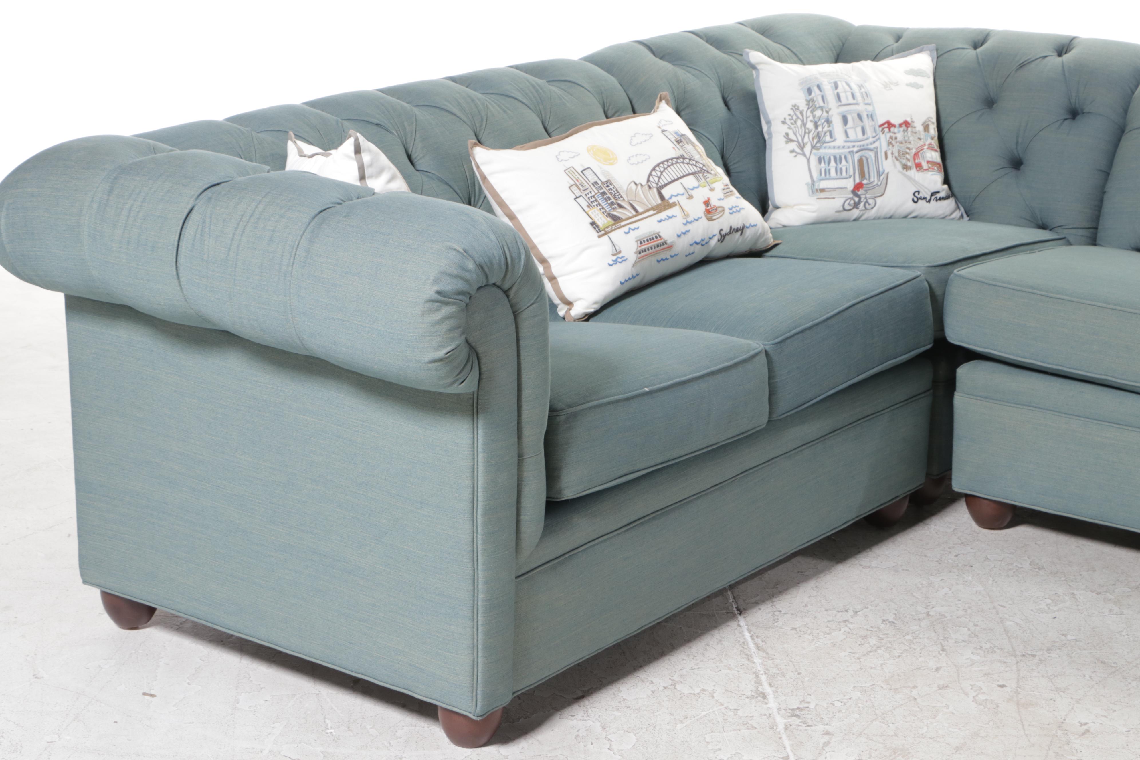 Three-Piece Pottery Barn Chesterfield Sectional Sofa in Washed Blue Denim