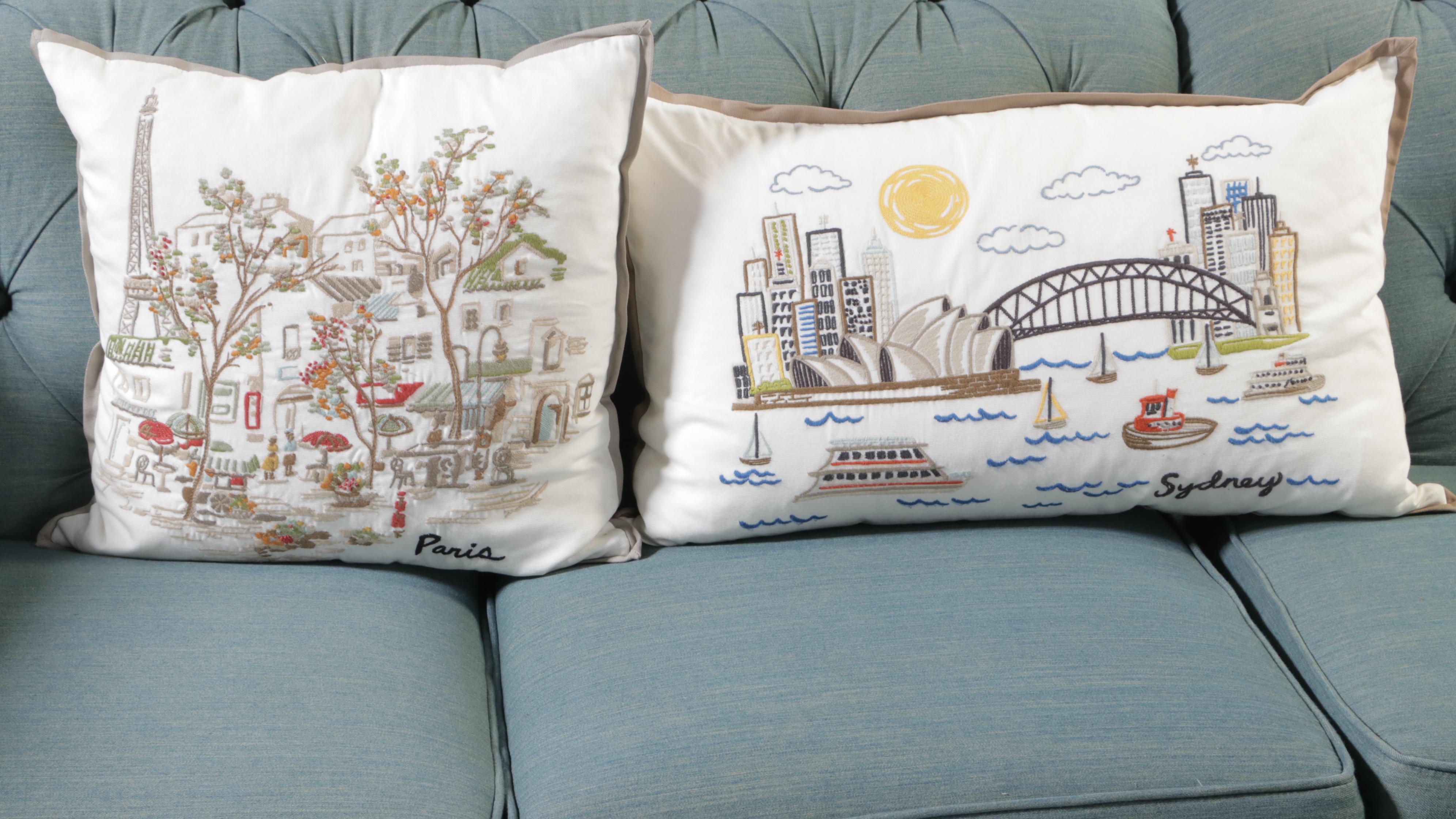 Three-Piece Pottery Barn Chesterfield Sectional Sofa in Washed Blue Denim