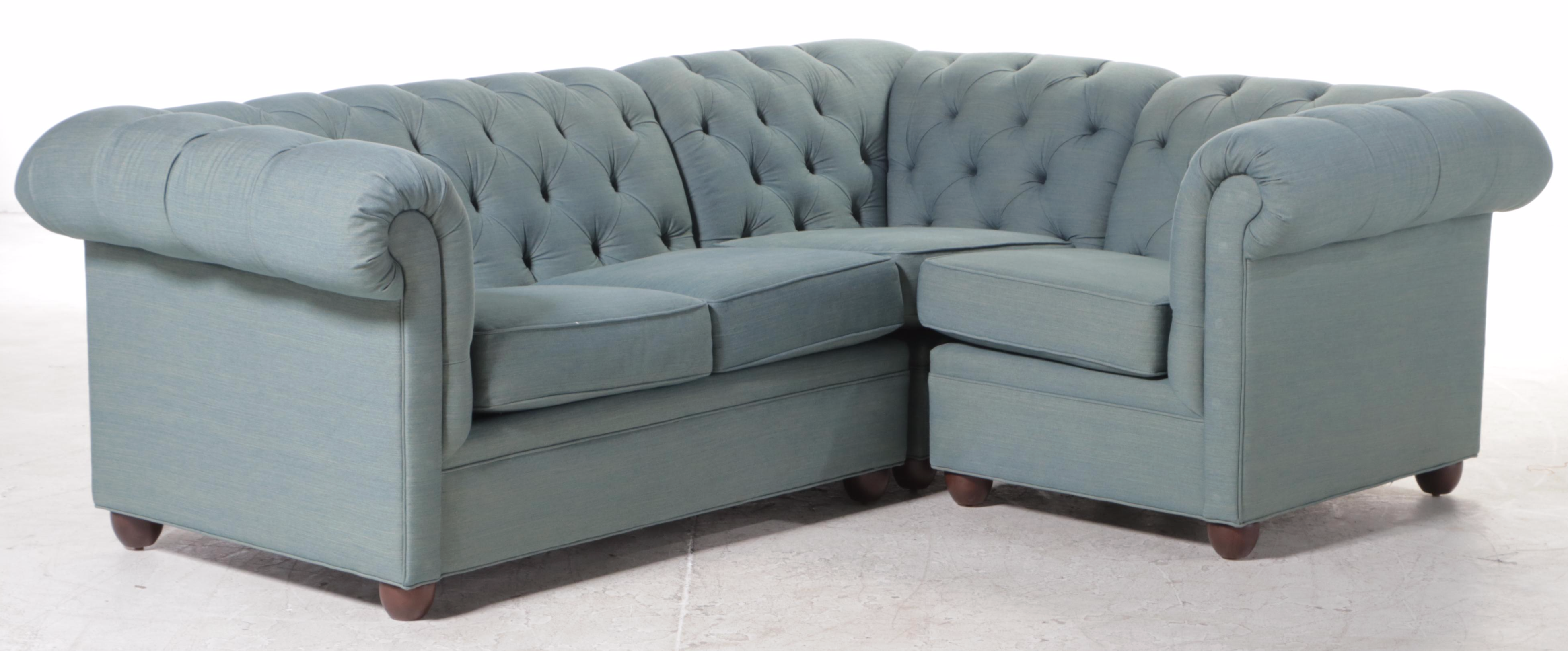 Three-Piece Pottery Barn Chesterfield Sectional Sofa in Washed Blue Denim