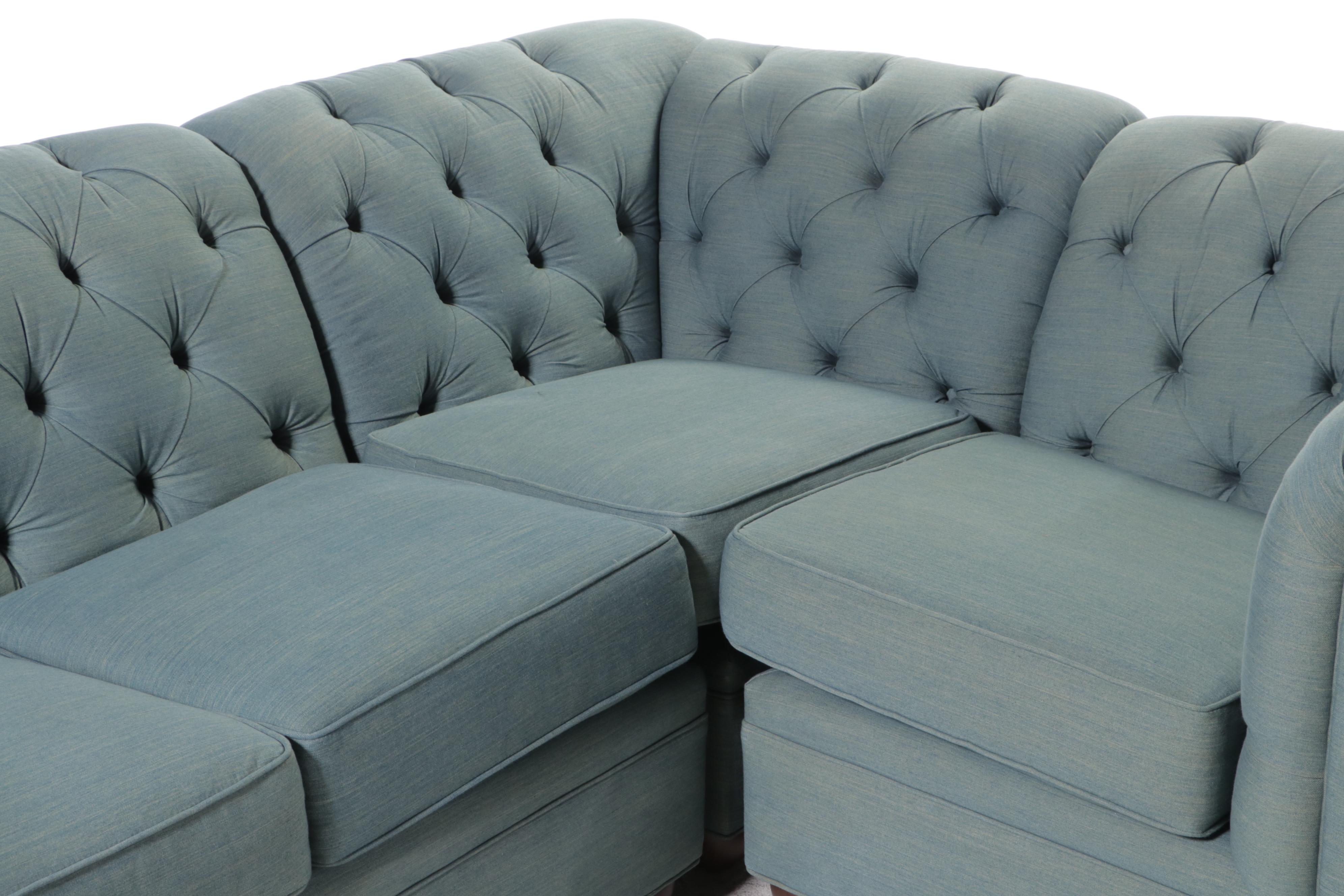 Three-Piece Pottery Barn Chesterfield Sectional Sofa in Washed Blue Denim