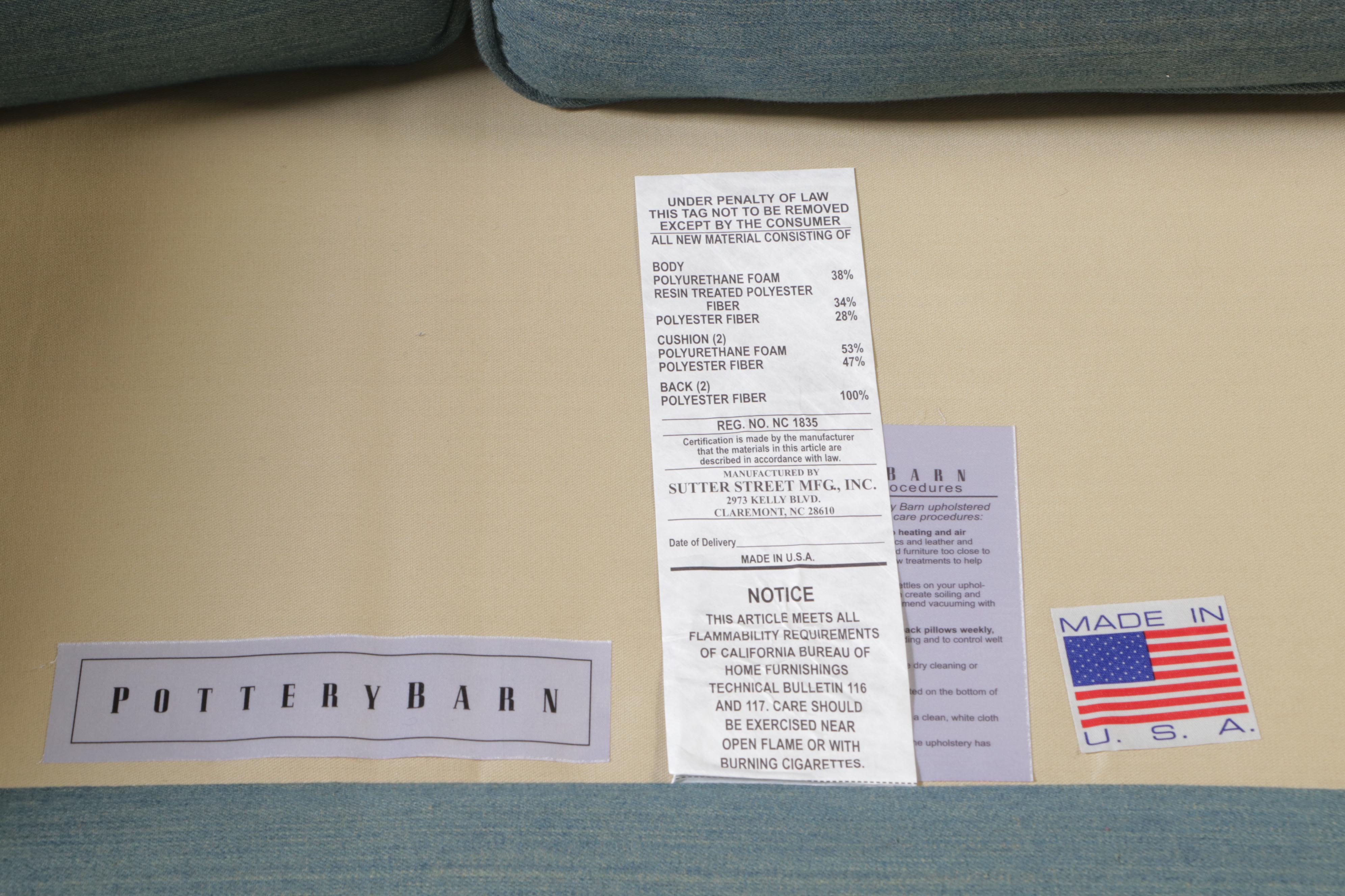 Three-Piece Pottery Barn Chesterfield Sectional Sofa in Washed Blue Denim