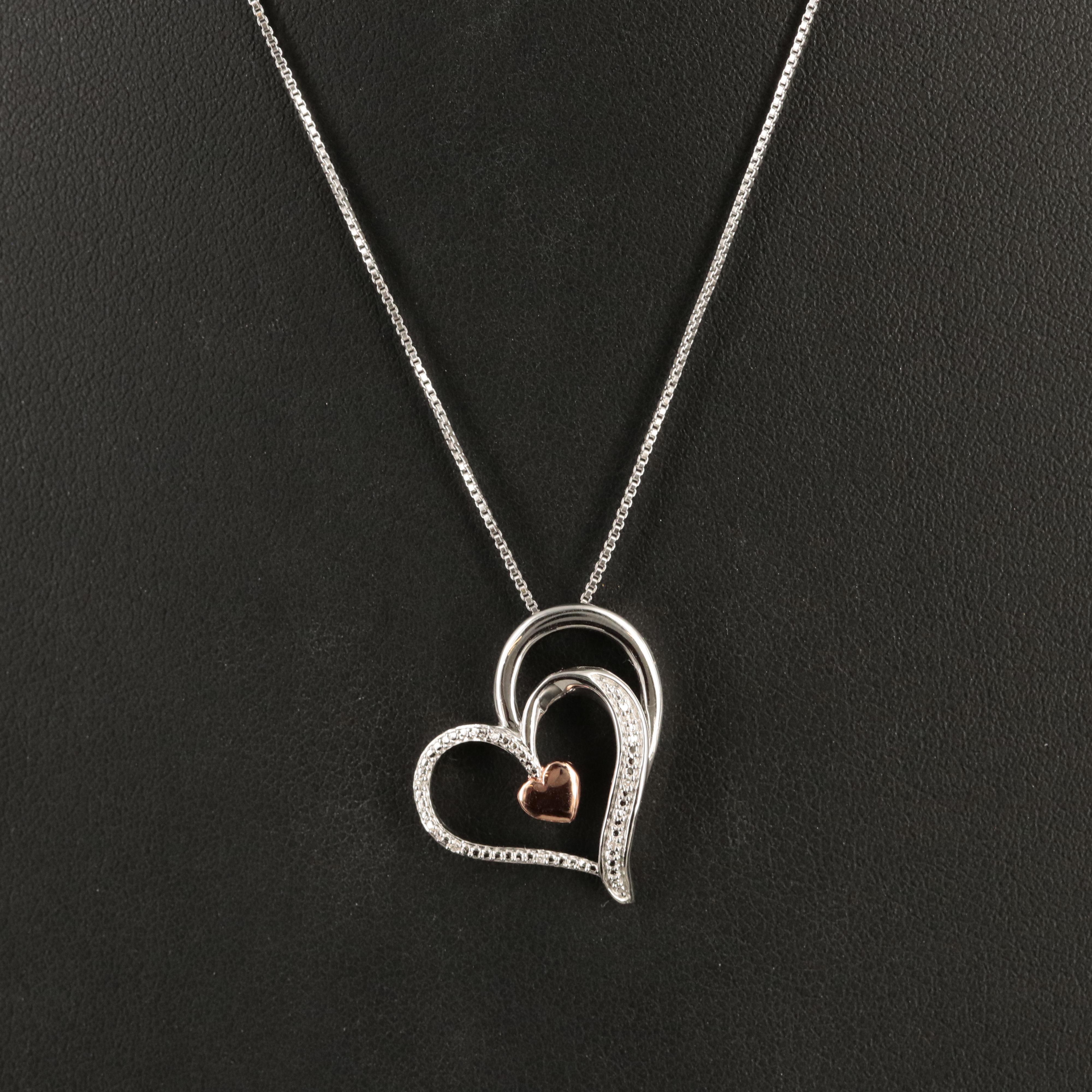 Sterling Diamond Heart Necklace with 10K Rose Gold Accent