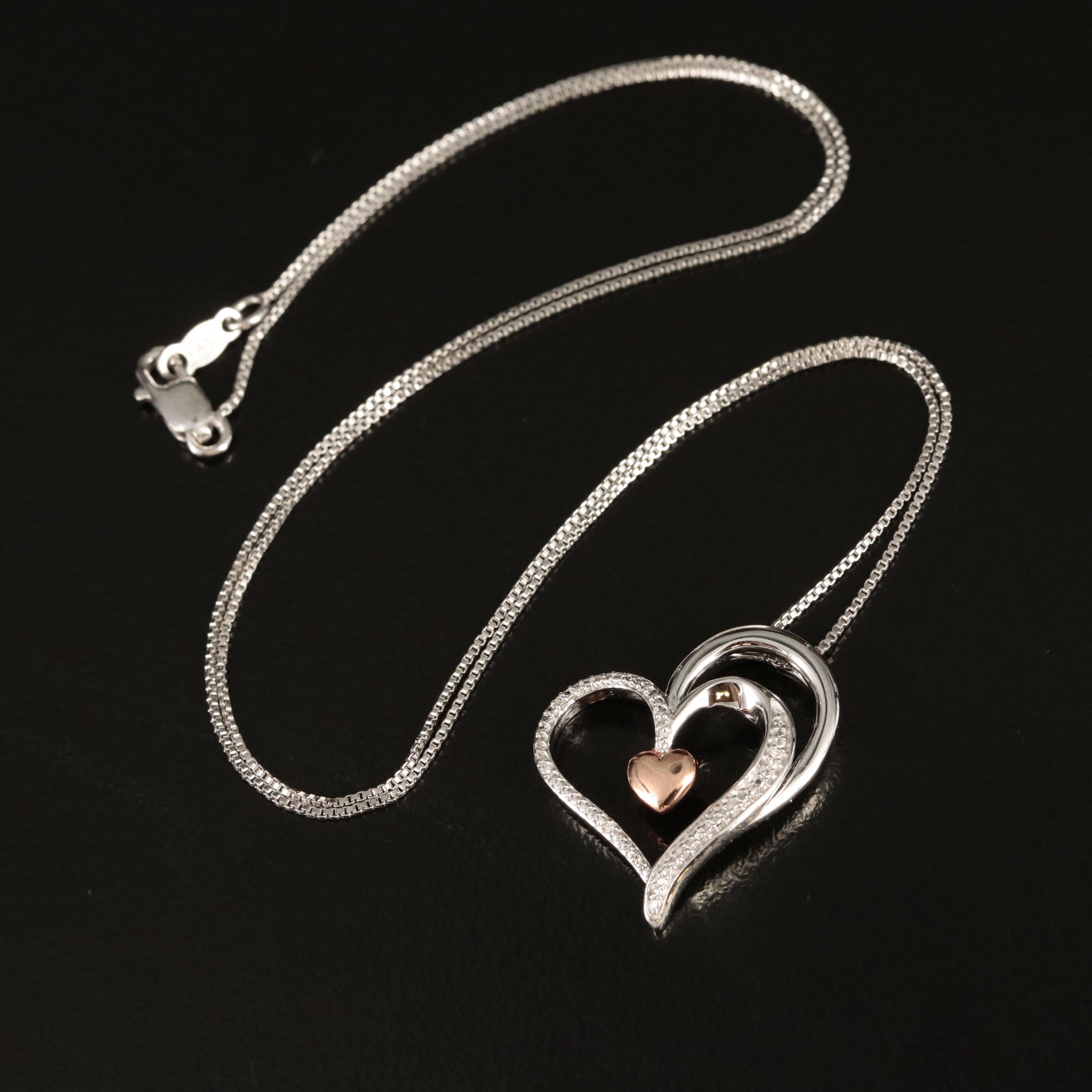 Sterling Diamond Heart Necklace with 10K Rose Gold Accent