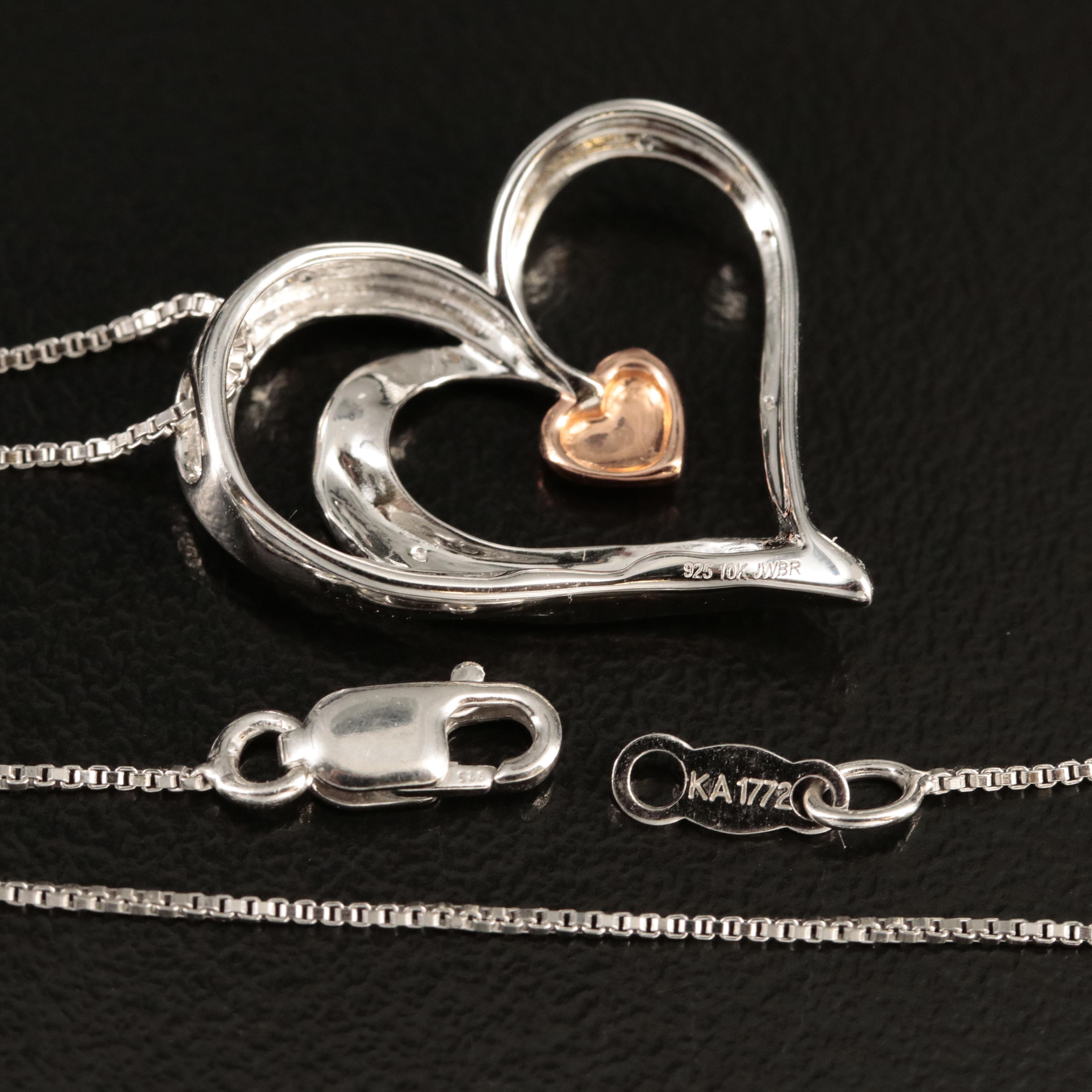 Sterling Diamond Heart Necklace with 10K Rose Gold Accent