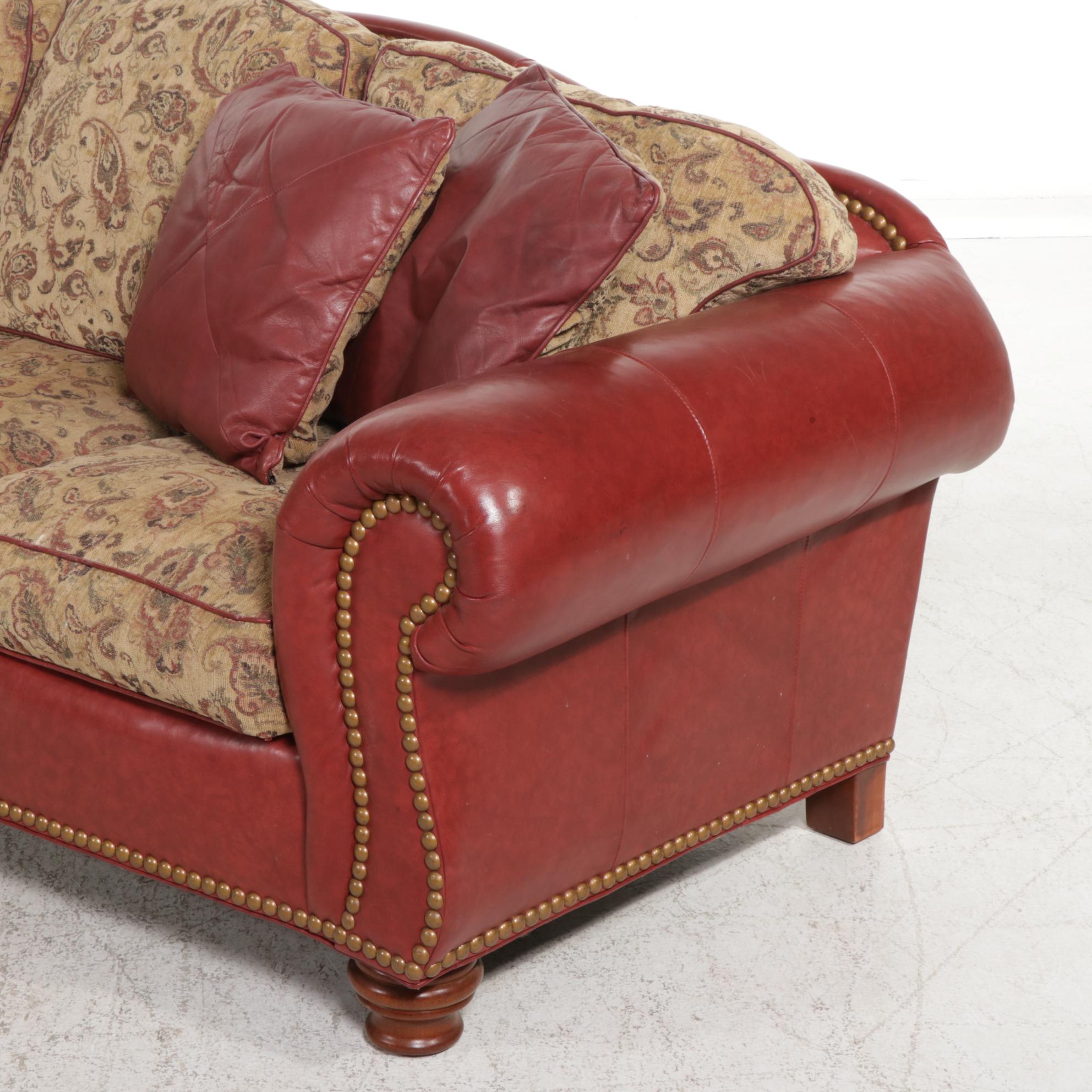 Thomasville Brass-Tacked Leather and Paisley Fabric Rolled Arm Sofa