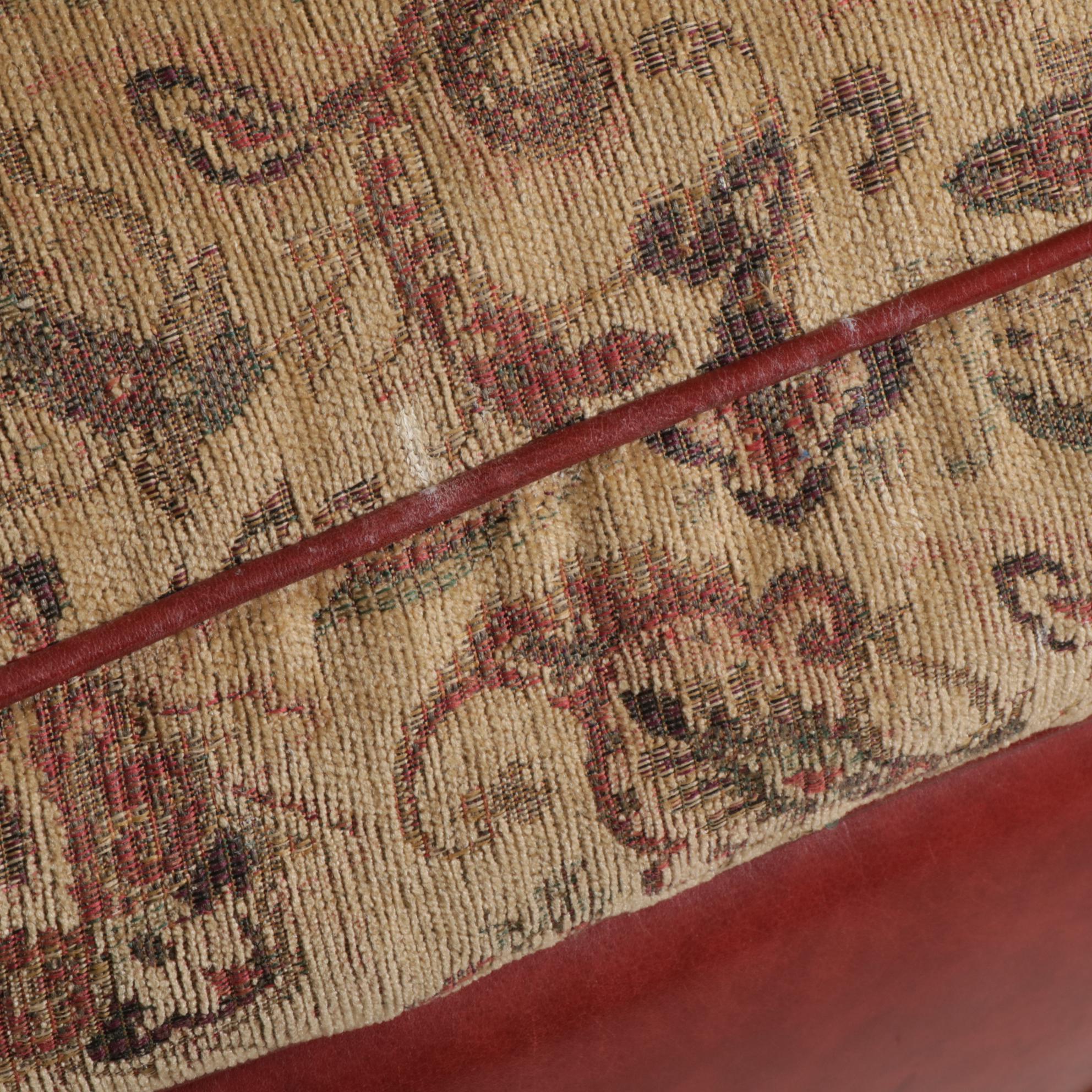 Thomasville Brass-Tacked Leather and Paisley Fabric Rolled Arm Sofa