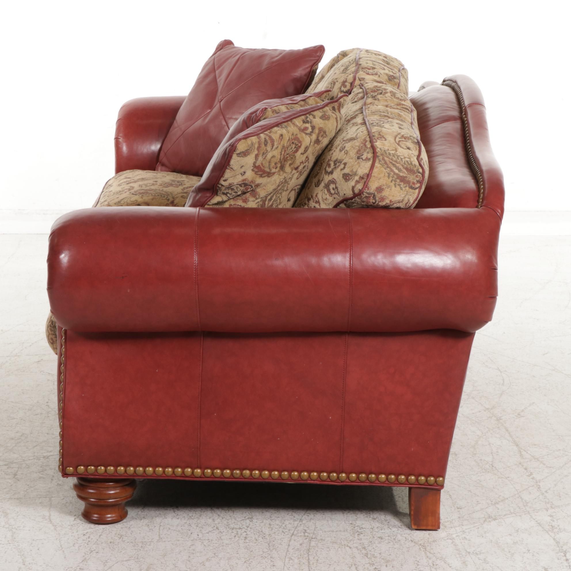 Thomasville Brass-Tacked Leather and Paisley Fabric Rolled Arm Sofa
