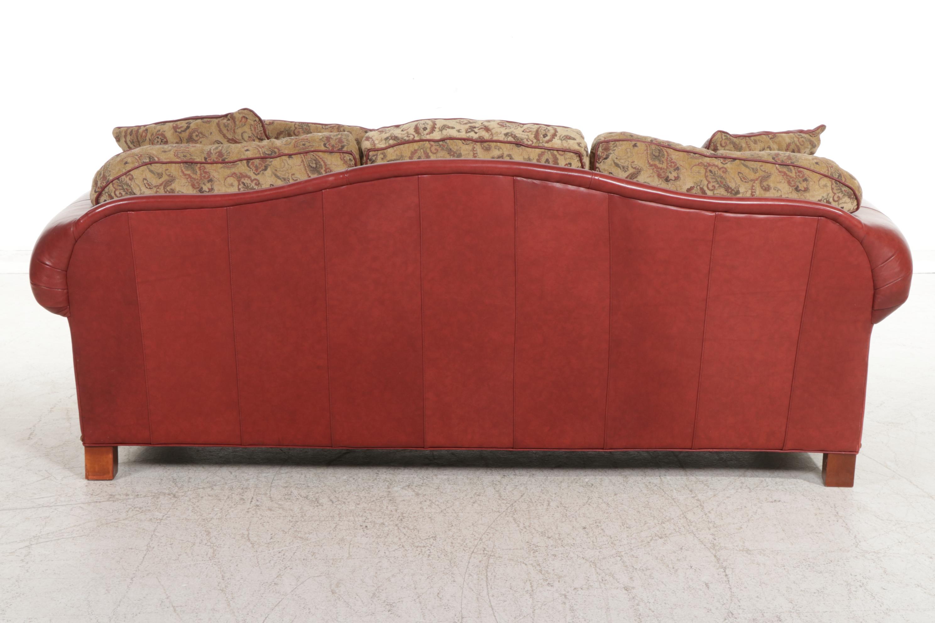 Thomasville Brass-Tacked Leather and Paisley Fabric Rolled Arm Sofa