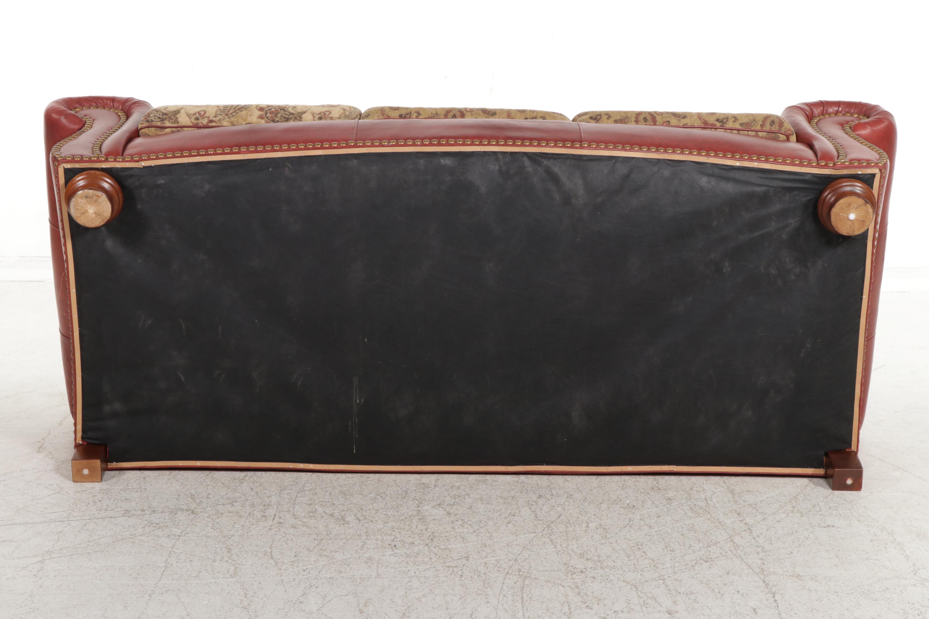 Thomasville Brass-Tacked Leather and Paisley Fabric Rolled Arm Sofa