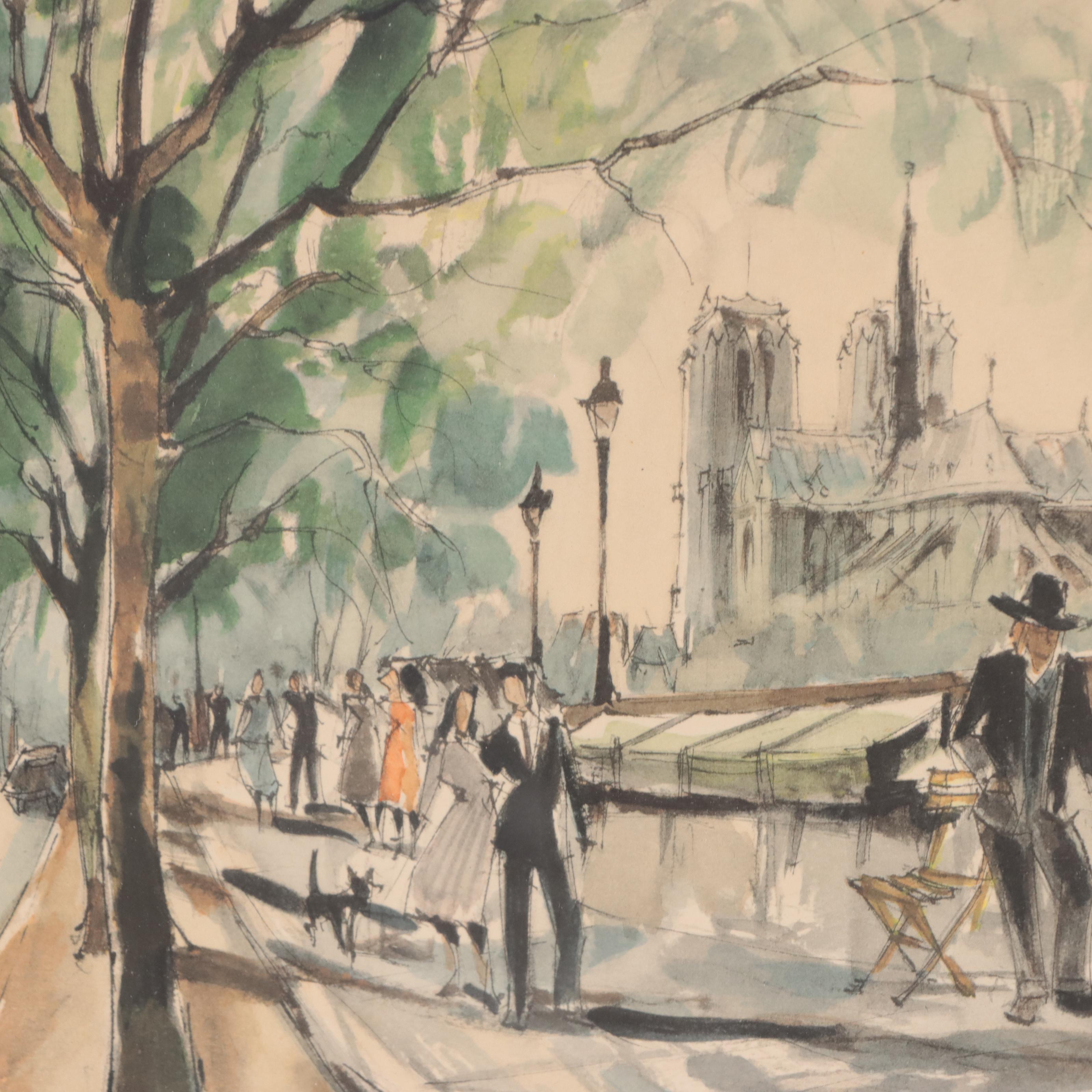 Franz Herbelot Lithograph of Parisian Boulevard Scene