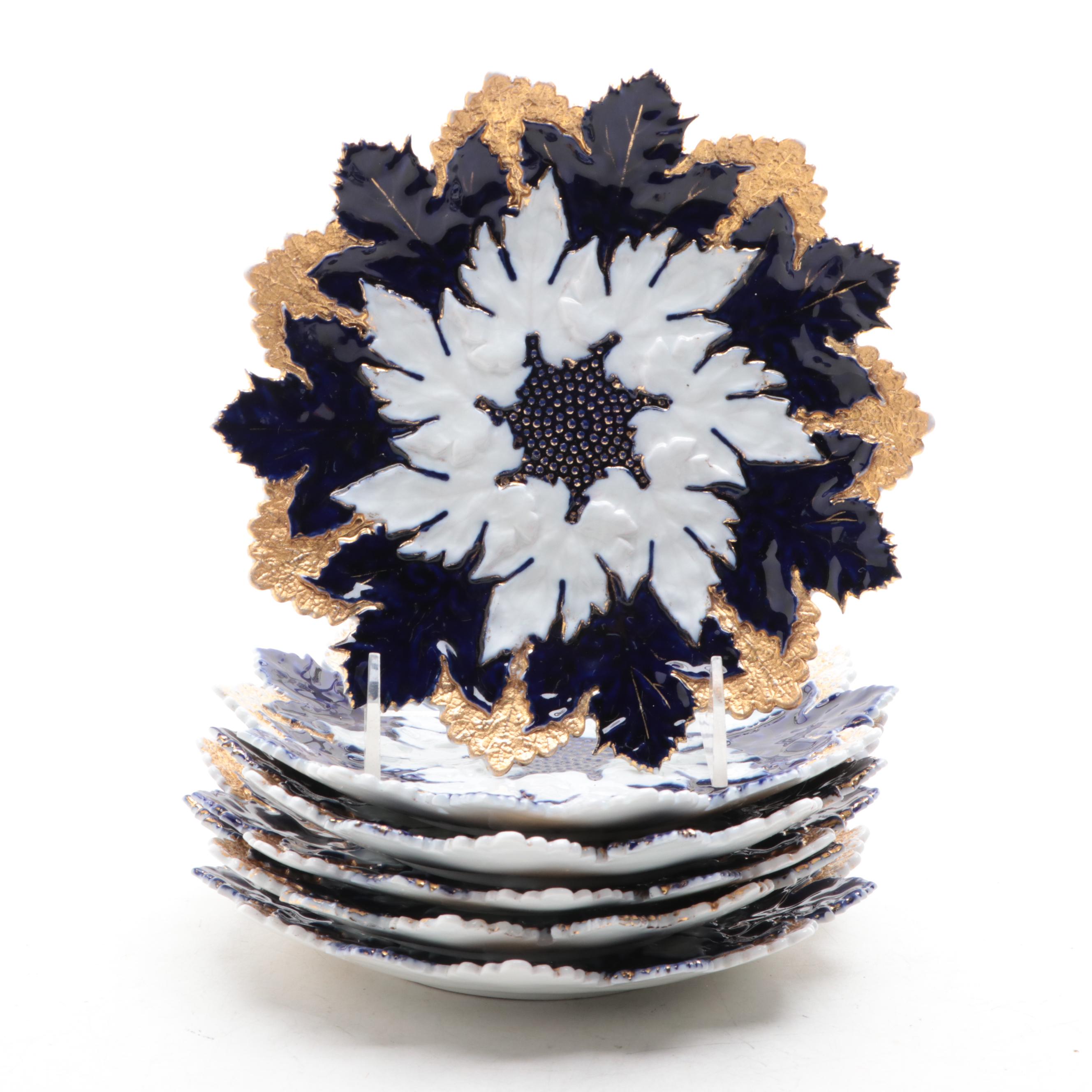 Meissen Molded Porcelain Cobalt and Gilt Maple Leaf Plates and Serving Bowl
