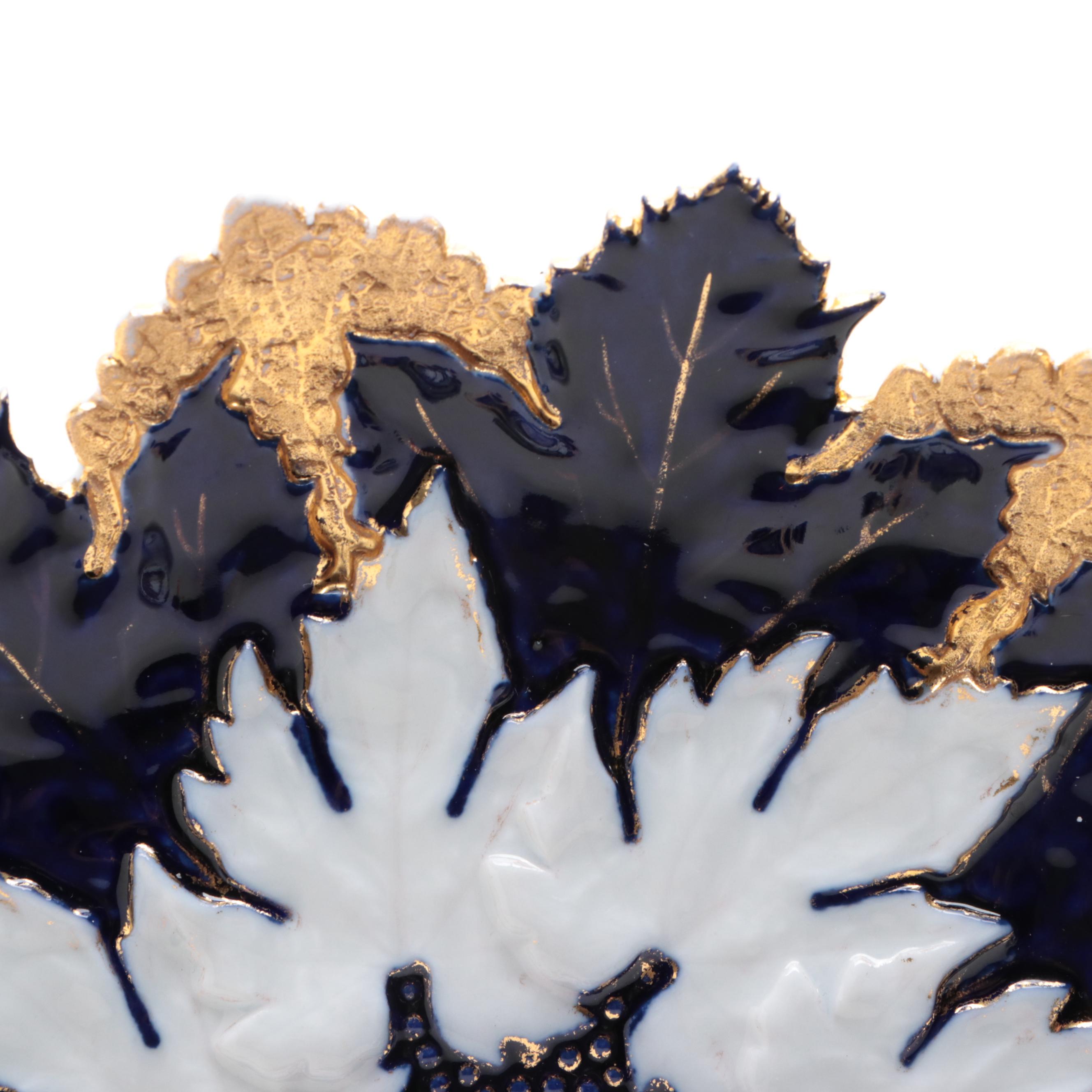 Meissen Molded Porcelain Cobalt and Gilt Maple Leaf Plates and Serving Bowl