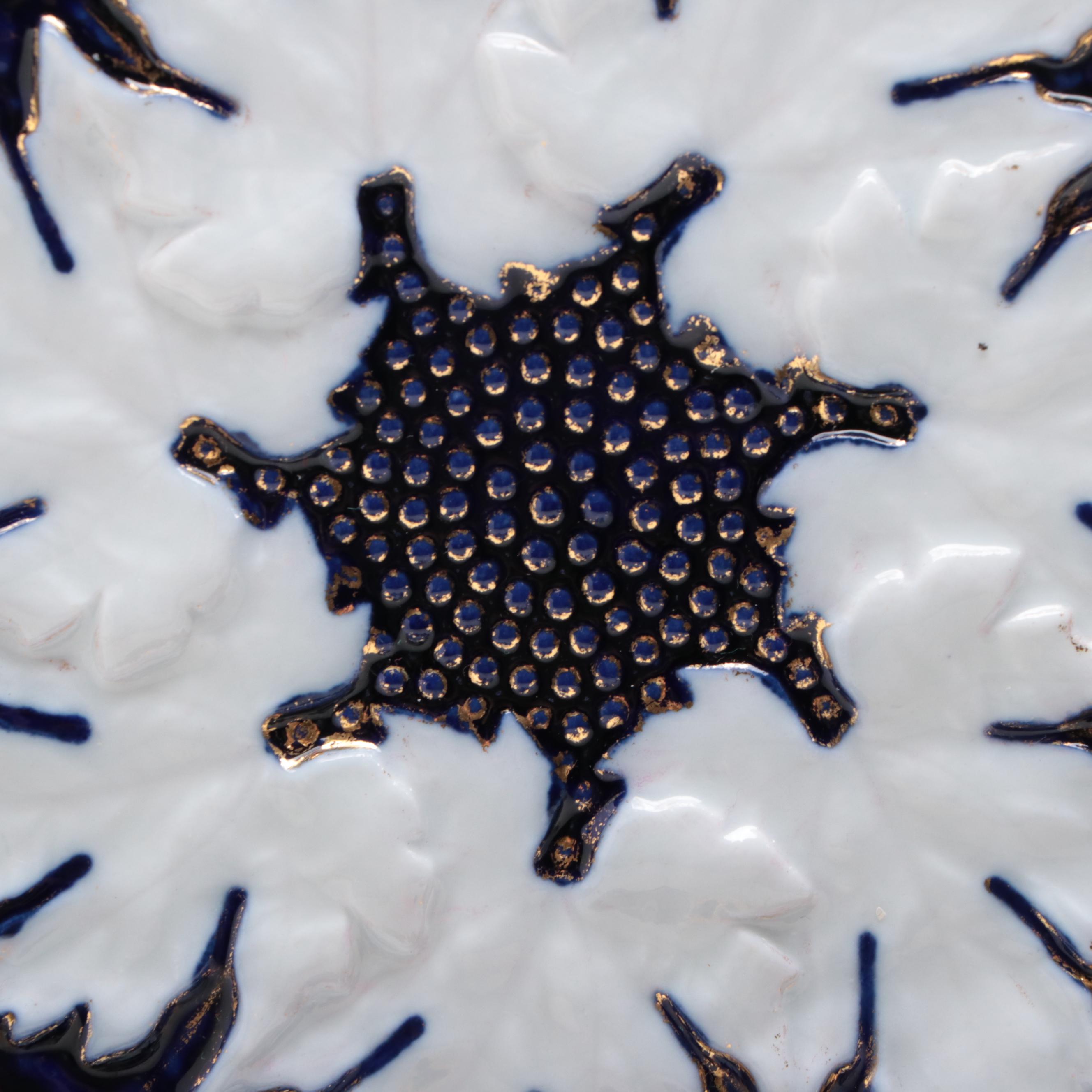 Meissen Molded Porcelain Cobalt and Gilt Maple Leaf Plates and Serving Bowl