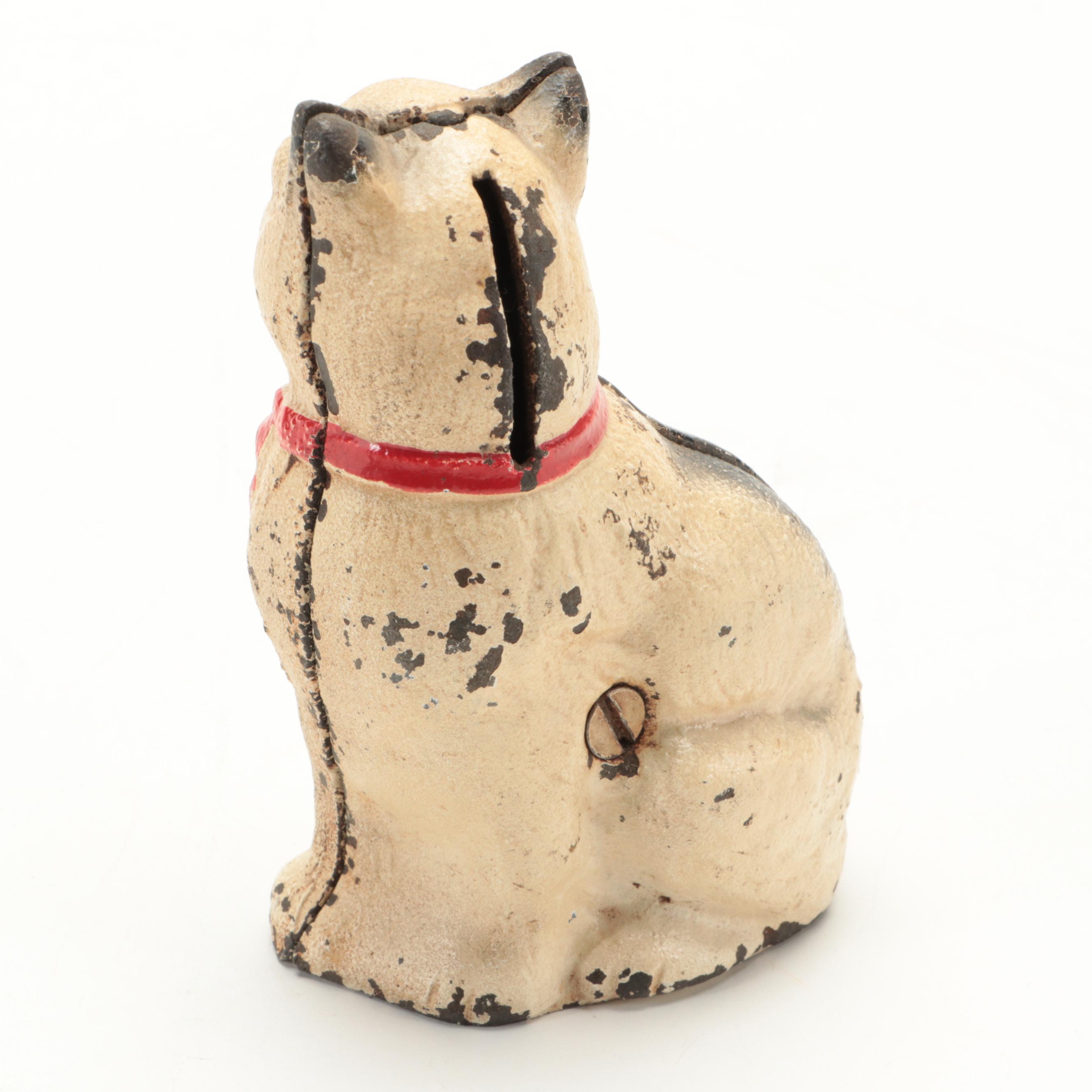 Hubley-Style Boxer Dog with Cat Cast Iron Coin Banks, Early to Mid-20th Century